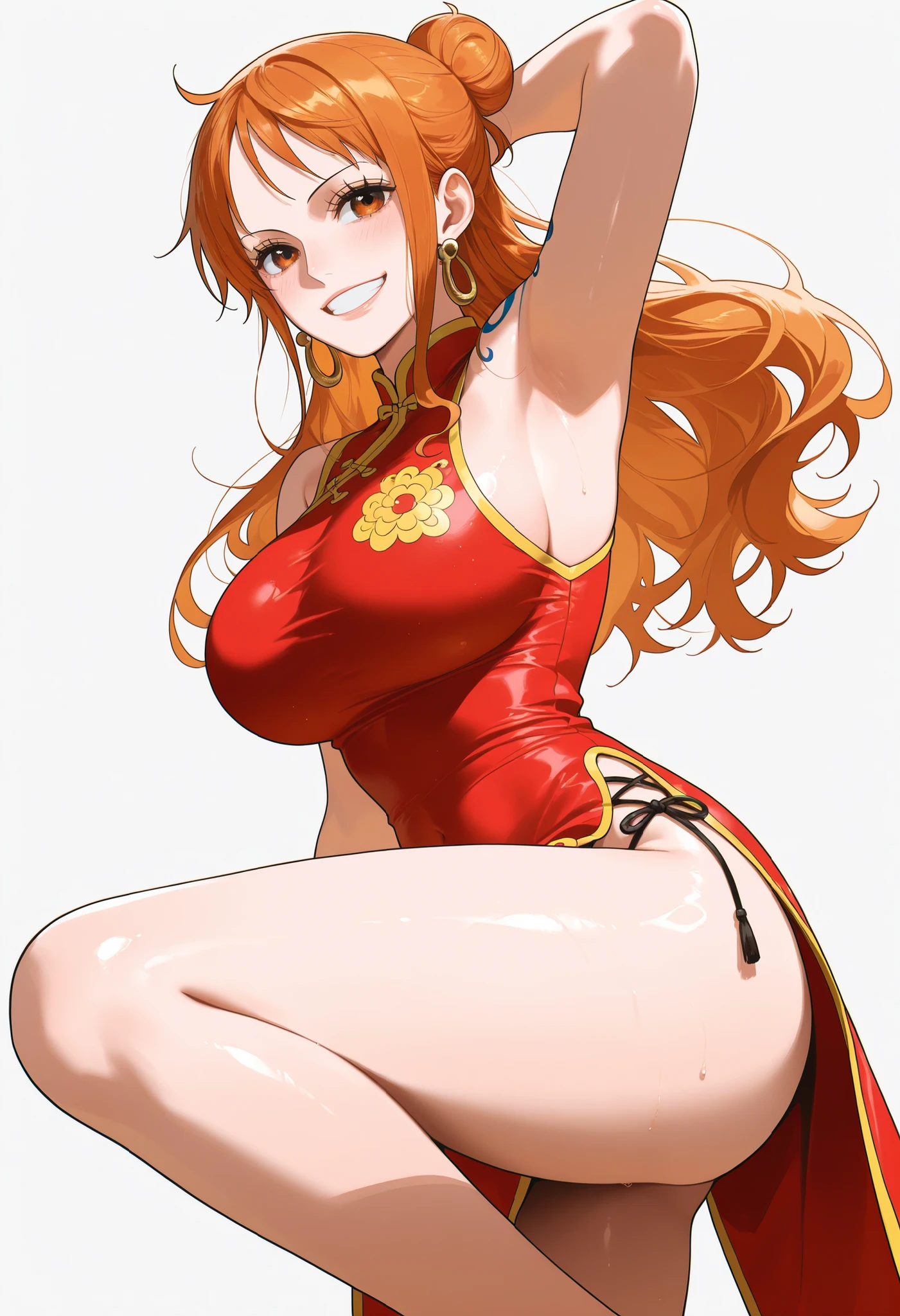 masterpiece, best quality, amazing quality, 1girl, (Nami, One Piece, orange eyes, orange hair) , wearing red Chinese cheongsam, beautiful legs, raising one leg, smile, medium shot, simple background, medium size , golden ratio face, Sleeveless top, side-open skirt, Pinkish skin tone, smooth and soft skin, shiny skin,