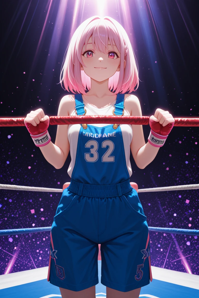 Best Quality, detailed girl, Glaring,Serious face,Fighter,Small breasts,pointed breast,Pink braided short hair,old glasses, (Volleyball uniform), lift bra,((((No bra)))),Show off your spats, Lift Jewelry,(Long spatromgym,Perfect Anatomy,Perfect hands,(Shiny skin),View from below,, six pack abs, muscle arms, muscular, tomboy