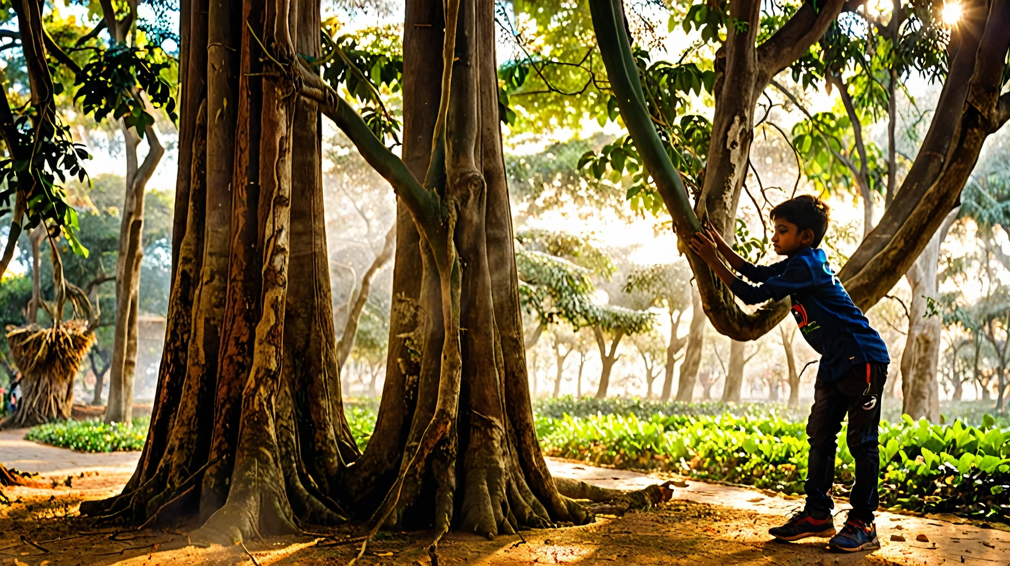 Dynamic photo of a one boy touching the bark of peepal tree