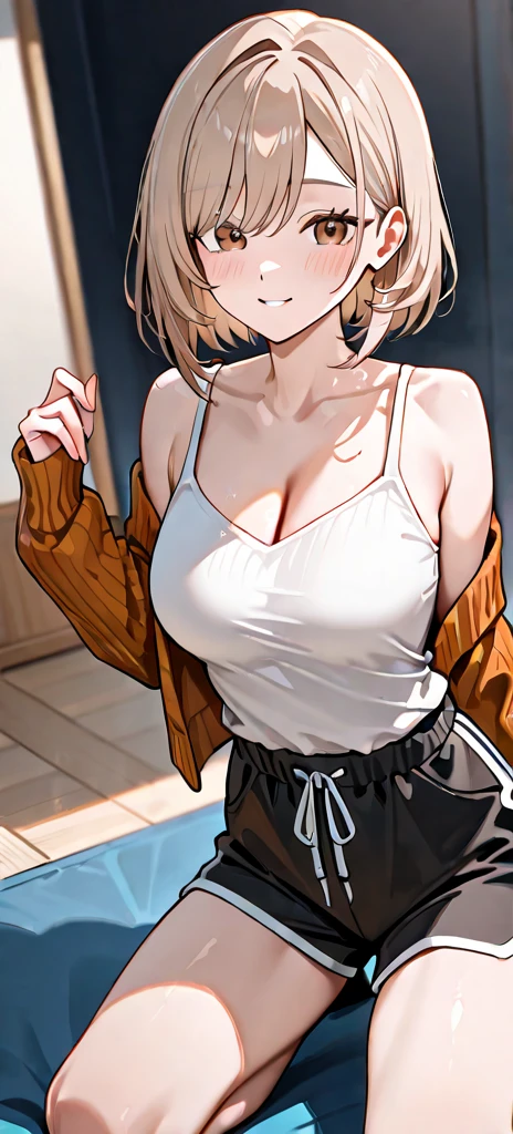 best quality,masterpiece,shiny blonde,blue eyes,white clothes, look down on, upper body,hair strand,Fair skin,short bob,wet through,french braid,blushing and red,blunt bangs,headband,simple necklace,hoop earrings,gladient hair,smile gently,camel toe,left sideburn is longer than right one