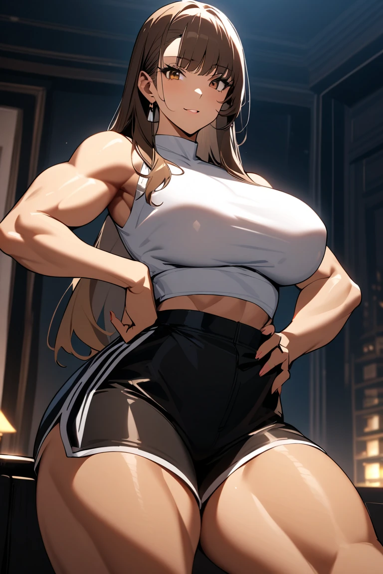 masterpiece, best quality, extremely detailed, 1girl, milf, solo, (muscular:1.2), (dark skin, brown skin:2), innermoka, (huge breasts:1.3), ((((white hair), ahoge, long hair, red eyes, slit pupils))), parted lips, (((sweater dress, pleated skirt))), ((blush, shy), closed mouth), ((hands on own hips, indoor))