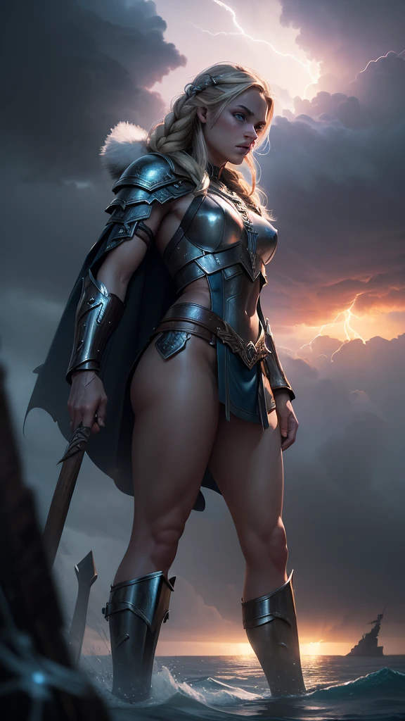 A fierce and powerful female warrior in an epic battle, blonde, with intense determination in her eyes and a sword shining in one hand, an Amazonian shield on her arm. Bare breasts, (((topless))), The scene is set in a landscape of Greek ruins, with broken columns and much rubble, dark clouds, storm clouds swirling in the sky and debris covering the ground, combat pose, showing their strength and agility, The lighting is spectacular, casting strong shadows and emphasizes his strong silhouette. Captures the energy and intensity of the moment, with bursts of burning sparks and dust swirling around him. Creates a highly detailed and realistic depiction, with intricate armor, battle scars, battle wounds and flowing hair. Showing the tension in his muscles and determination in his expression. This piece must be a true work of art. Masterful, showing the best quality and attention to detail, shot from behind.