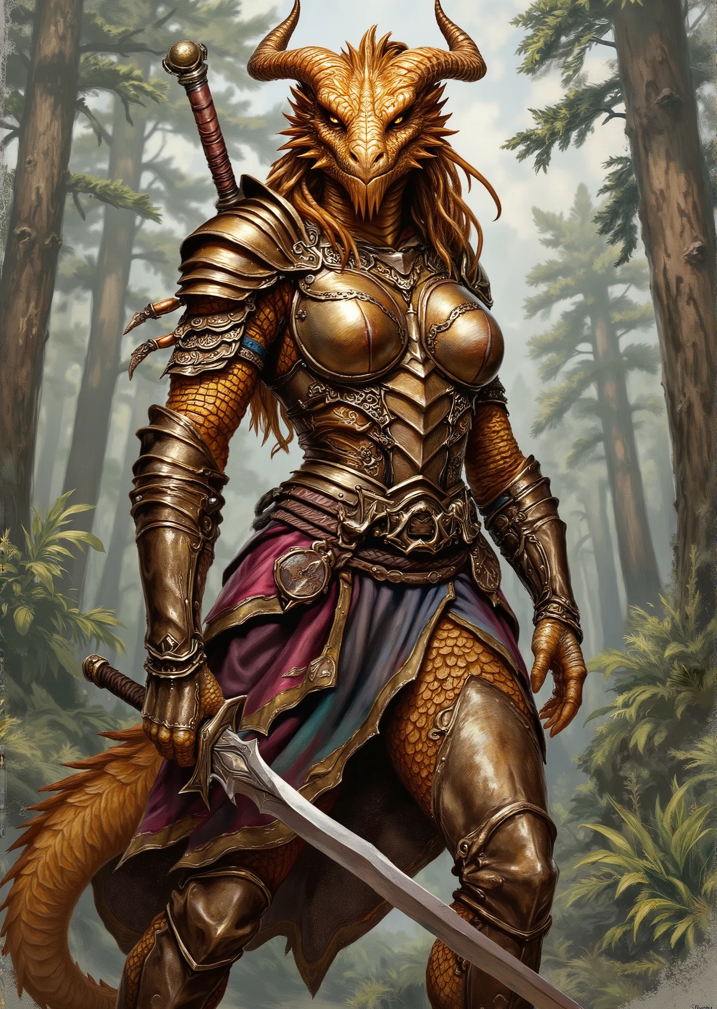 An extremely detailed comic book illustration of an extremely curvaceous Metallic Gold Dragonborn from Dungeons and Dragons which look like wingless bipedal dragons scaly bright-eyed and thick-boned with horns on their heads with gold coloration trained as a Dungeons and Dragons Beast Master Ranger who keep their unending watch in the wilderness learning to track their quarry as a predator does moving stealthily through the wilds and hiding themselves in brush and rubble able to cast spells that harness the primal powers of the wilderness who forms mystical bonds with mighty beasts drawing upon primal magic and a deep connection to the natural world wearing a vibrant and intricately designed outfit that reflects both her warrior spirit and cultural heritage featuring a combination of leather and decorative armor pieces with a fitted breastplate that hugs her massive breasts and is richly adorned with intricate patterns and motifs with a warm earthy tone with metallic accents with sheer long flowing sleeves that are made of a lightweight fabric intricately patterned with designs that complement the armor and enhance the overall aesthetic with a wide belt cinching her waist decorated with ornate buckles and pouches for carrying essential items featuring vibrant colors and patterns with greaves that match the design of her breastplate decorated with similar motif in an art style inspired by Frank Miller and Conan the Barbarian. The Background is awash in textured brushstrokes in forest tones. Standing in a dynamic action pose. Trending on Art Station.