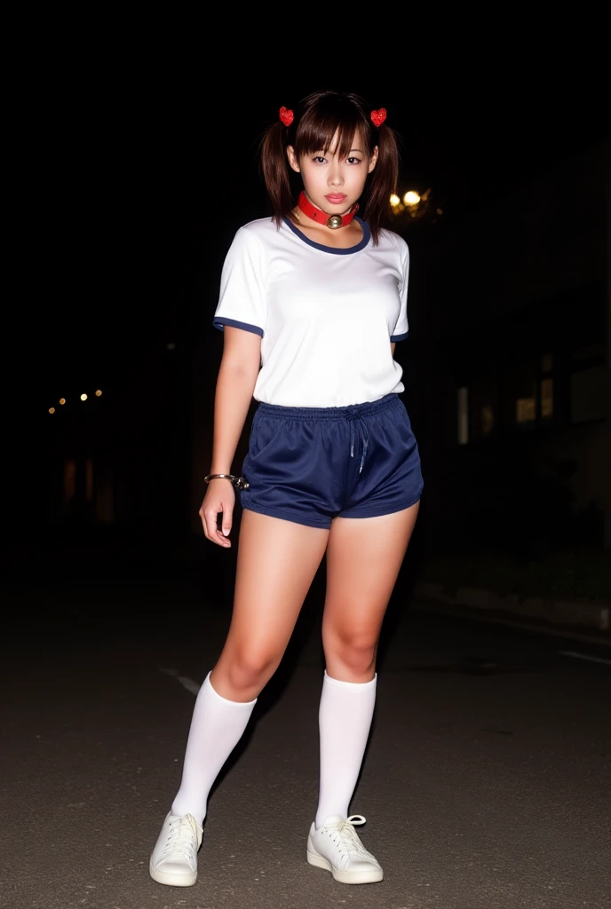 An innocent and cute eight-year-old girl with double ponytails, american girl, girl smiling, style, wearing cute white stockings and school uniforms, embellished with animal hangings. walking, Look into the camera,