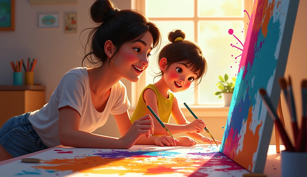 An artist drawing with their childlike form behind them
