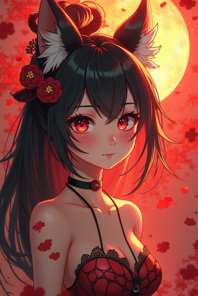 1girl, ((masterpiece)), best quality, perfect face, (perfect anatomy), extremely detailed, wolf girl, wolf ears, wolf tail, ringed eyes, flower-shaped pupils, multicolored hair, medium hair, bikini, bare shoulders, night, full moon, looking away, from above,