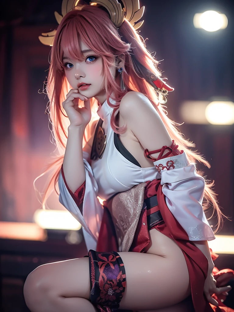 (Masterpiece, Excellent, 1girl, solo, complex details, color difference), realism, ((medium breath)), off-the-shoulders, big breasts, sexy, Yae Miko, full body, beautiful feets, long pink hair, red headdress, red highlight, hair above one eye, green eyes, earrings, sharp eyes, perfectly symmetrical figure, choker, neon shirt, open jacket, turtleneck sweater, against the wall, brick wall, graffiti, dim lighting, alley, looking at the audience, ((mean, seductive, charming)), ((cherry blossom background ))),((Japanese temple background)))), (((Glow-in-the-dark background))), nsfw, spread legs