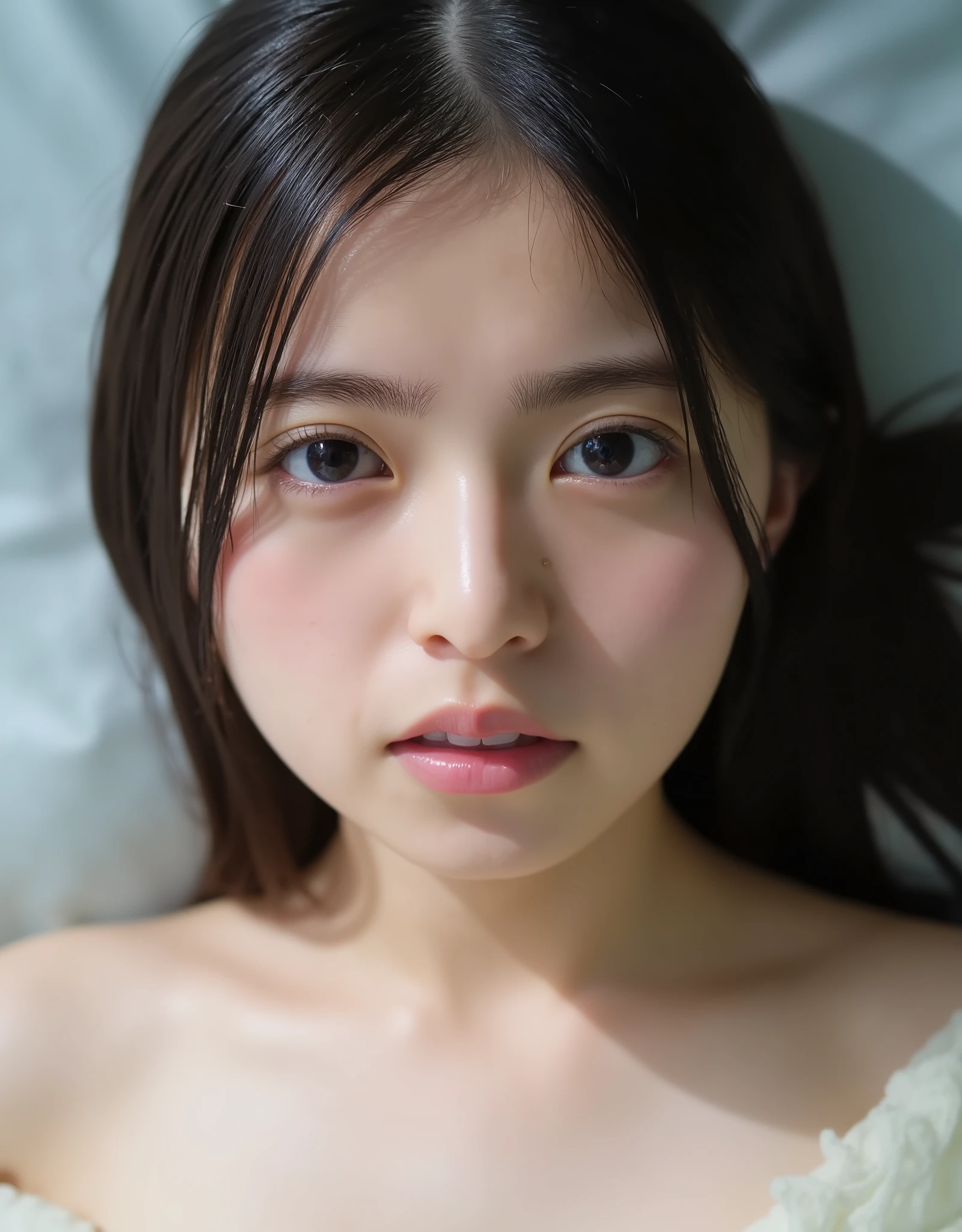 (((((one twentysomething girl:2、Japanese、Baby Face、 white skin))))),detailed顔の質感、detailed口元、 flushed skin、detailed肌の質感、(masterpiece,Top Quality:1.9),8k, detailed,detailed毛穴,reality, bedroom、 on sheets、(Brow wrinkles、Writhe、and open your mouth、drool、Water clings to your face、Water splashes on your face、Splashing water on face、Bathing water on your face )、((( décolletage、Beautiful clavicle:2.2)))、long hair、 sigh