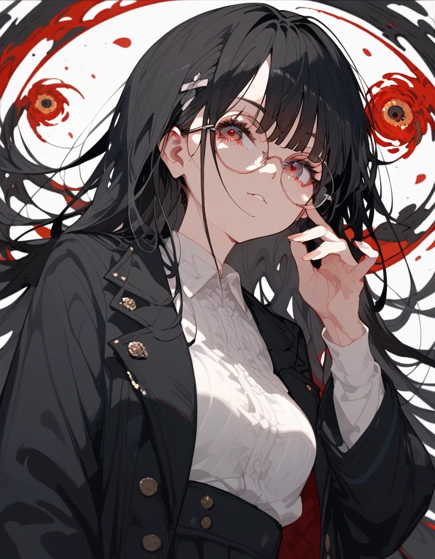 Black hair,Red eyes,Profile,Cool sister,Smoking,Glancing at the camera