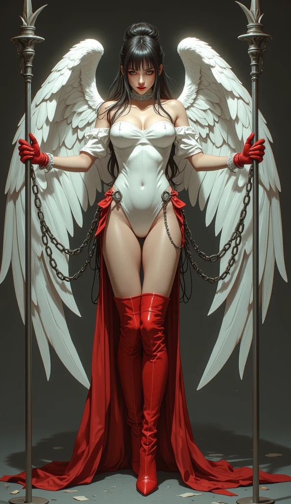  ((best quality)), ((masterpiece)), (detailed), 1girl, off-shoulder, Character design, female, dynamic poses, long white grey hair, grey white eyes, very skinny, detailed, best quality, no accesoires around the neck, no shoes, prominent collarbones, skinny arms, flat stomach, visible hip bones, full body, blank white background, plain background, white background, a beautiful goddess adorned and enshrined in armour, red and white clothing, Bloodborne inspired, occult aesthetic, occult, detailed and intricate steampunk and detailed gothic, NSFW, Very dramatic and cinematic lighting, cosmic horror, grim-dark, side-lighting, perfect face, NSFW, Fluttering lace flared long knee length dress with frilly petticoats, knee length dress, pleated petticoats, petticoats gothic, complex lace boots, side-lighting, gothic lolita aesthetic, wielding a mighty sword with mechanical components, various different types of insect wings, NSFW, full body, whole body, body, plain background, white background, blank background, no background, white background NSFW, chains, full body, whole body, head-to-toe NSFW 
