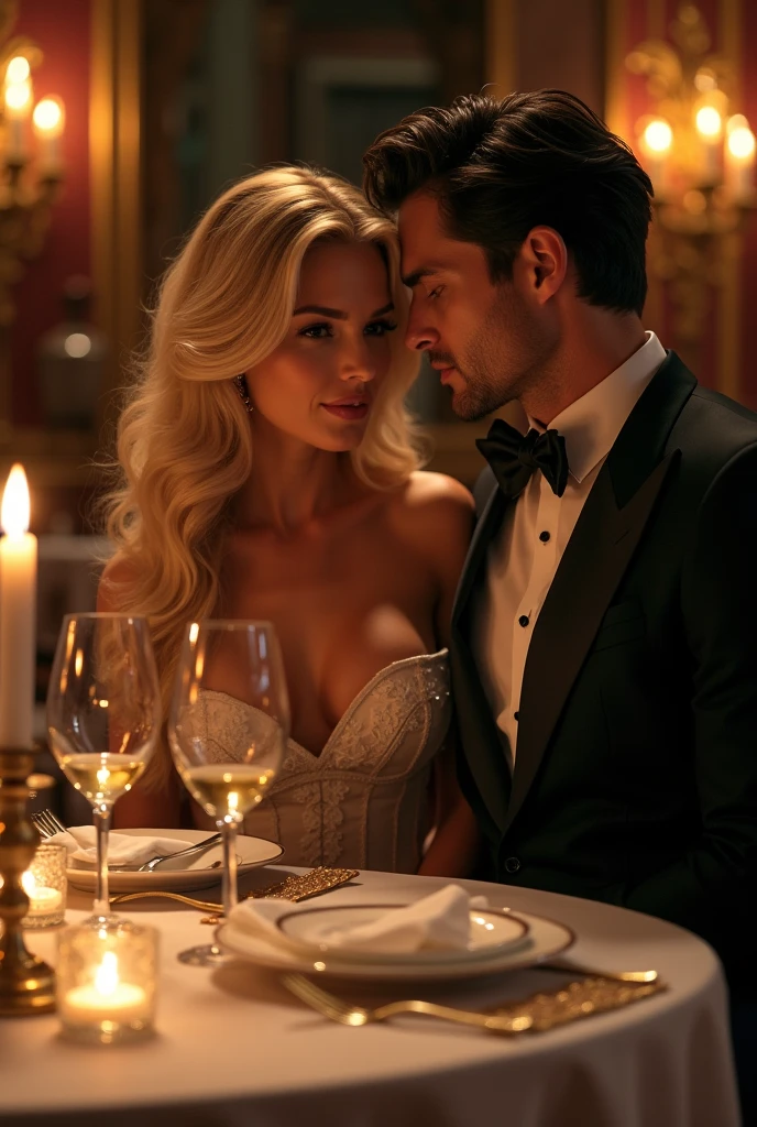 A nighttime luxury train cuts through the darkness, illuminating the tracks as it goes. The camera pans around the elegant décor of the first-class carriage, where well-dressed passengers enjoy fine dining and champagne.
