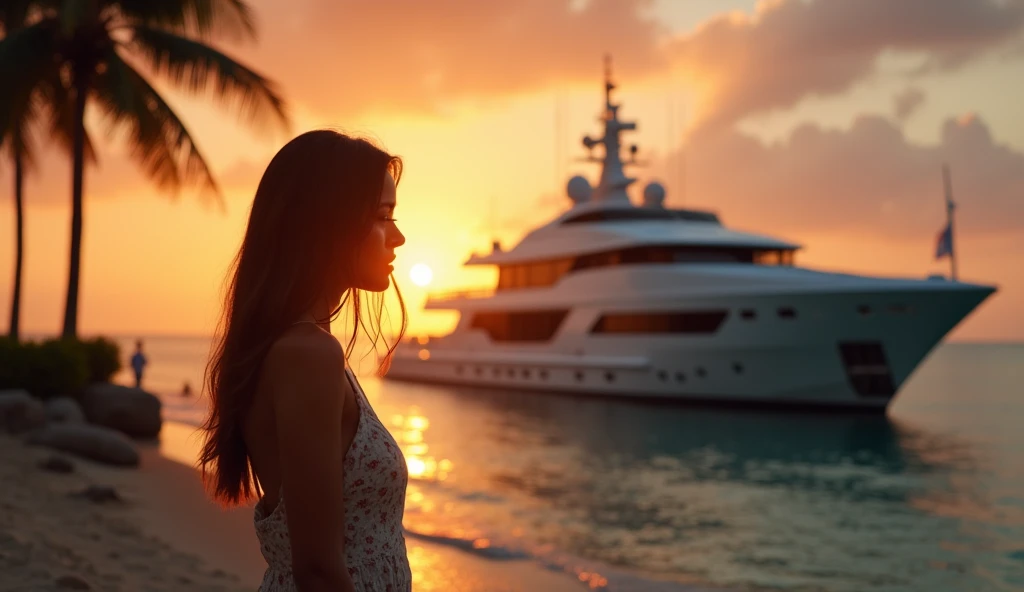 Adolescente vendo o por do sol na praia 
