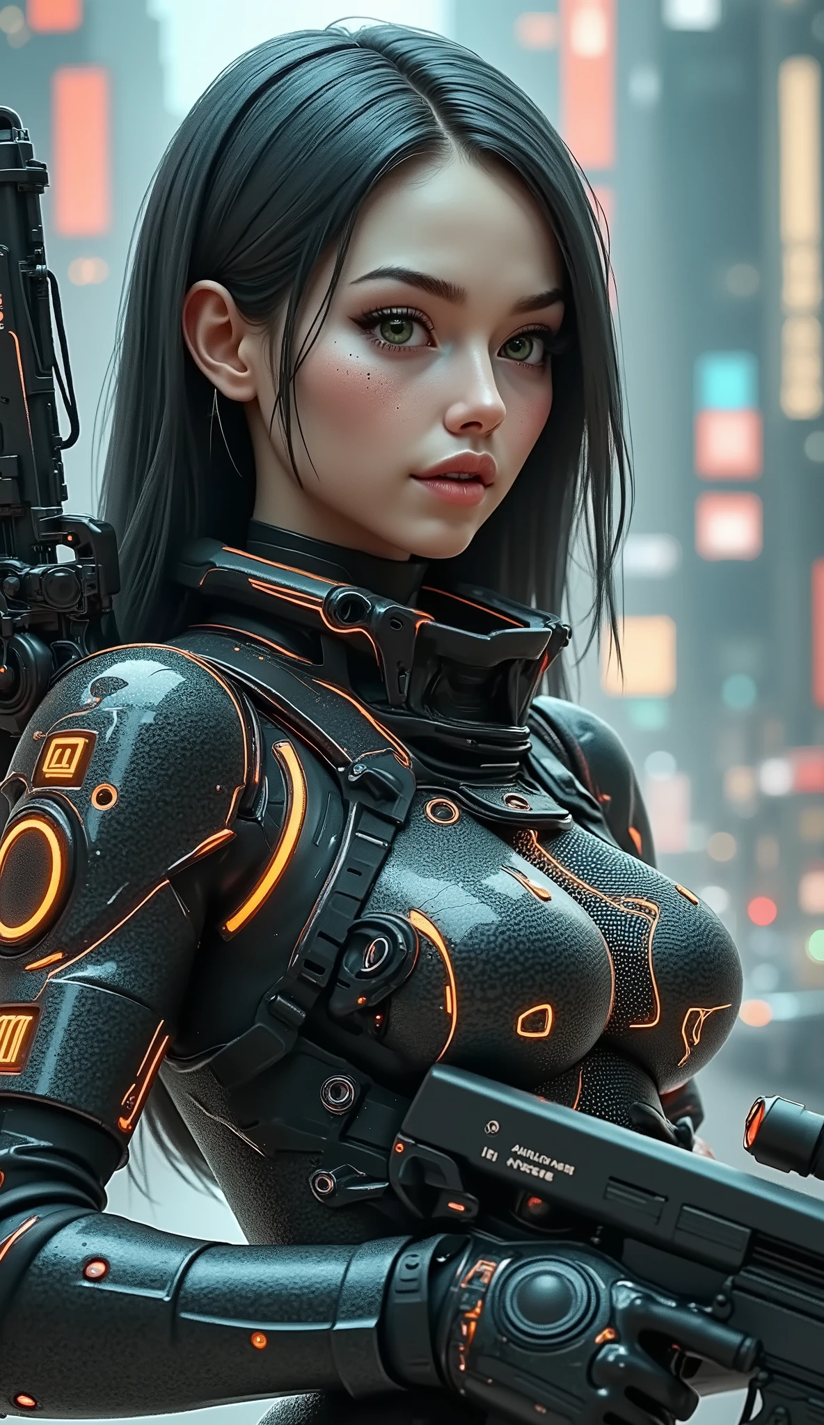 A strikingly vivid 3D model of a modern soldier, a realistic woman standing tall, her long raven hair cascading down her back. She is clad in sleek, matte gunmetal grey military armor that glows with LED lights, reflecting the vibrant hues of a cyberpunk cityscape. Her face is exposed, except for a sophisticated optical visor covering her right eye, used for precision aiming. Gripping a futuristic rifle designed with a matte black finish and an illuminated scope, her expression conveys determination and focus. The composition captures her in a dynamic pose, ready for action against a backdrop of towering skyscrapers and swirling holograms. This ultra-realistic depiction emphasizes the contrast between her fierce demeanor and the high-tech environment around her, enhanced by the glowing accents of her armor and weapon.