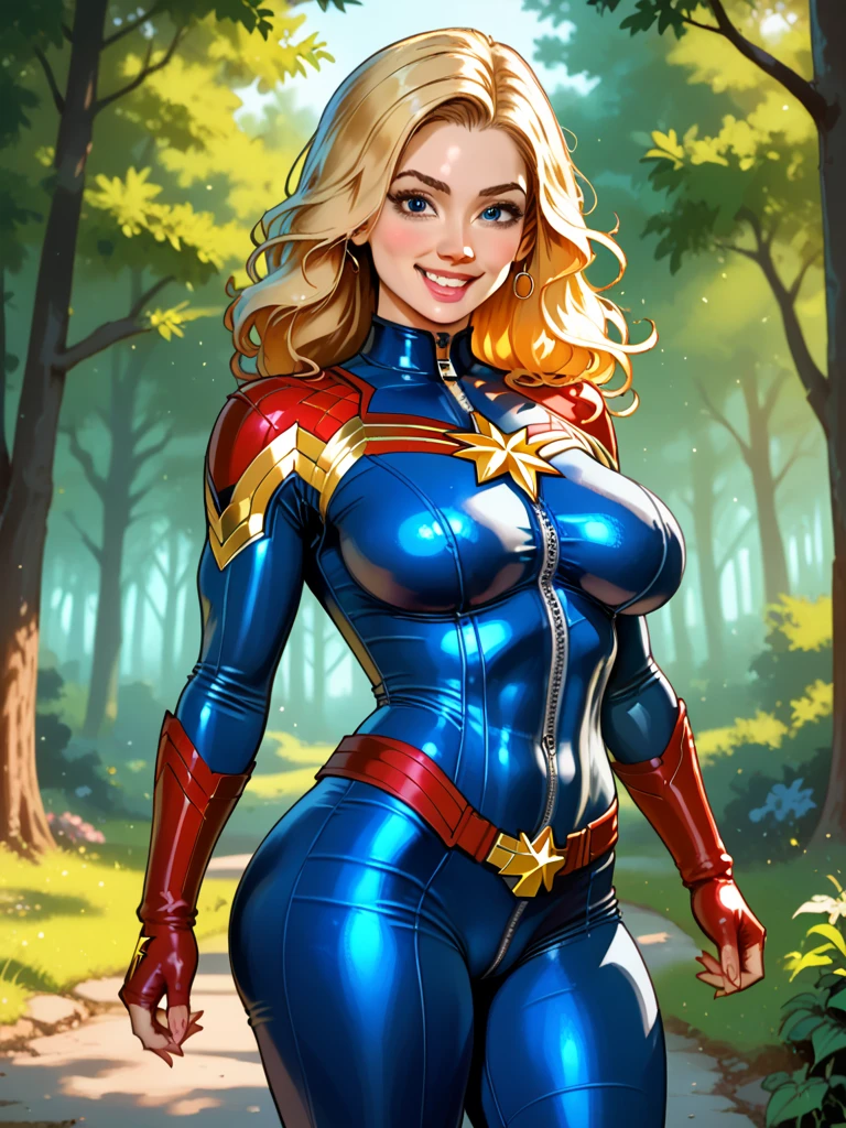 ((super detailed)),(super detailed), highly detailed 8k CG unified wallpaper, bodysuit, pose, cowboy photo, lens flare.The girl is Captain Marvel has a plump,blonde hair, chubby body. Her height is about 5 feet 2 inches (157 cm), similar to her mother's large body. Her skin is white and smooth. In terms of facial features, she has soft and lustful facial features. She has a slim nose and plump, naturally rosy lips. Her eyebrows are beautifully shaped and neatly curved, framing her eyes beautifully. She is very big and has a beautiful figure. they are big and you can see the outline of her nipples. Overall, her (lewd, drooling) smile conveys her lecherous, slut-like nature. A sexy girl with a big and thick body is wearing a bodysuit where you can see all her curves and her hair hugs her nipples. She has thick breasts and the suit is very tight and covers her entire body, you can see all her curves and body. The full body suit is very tight, you can see her entire body, her slim waist, she's a girl ready to be a fucking machine,with a cock-craving cunt,Her body sways and you can see her breasts are full of milk flowing out,she have gigantic breasts ,Bare shoulder