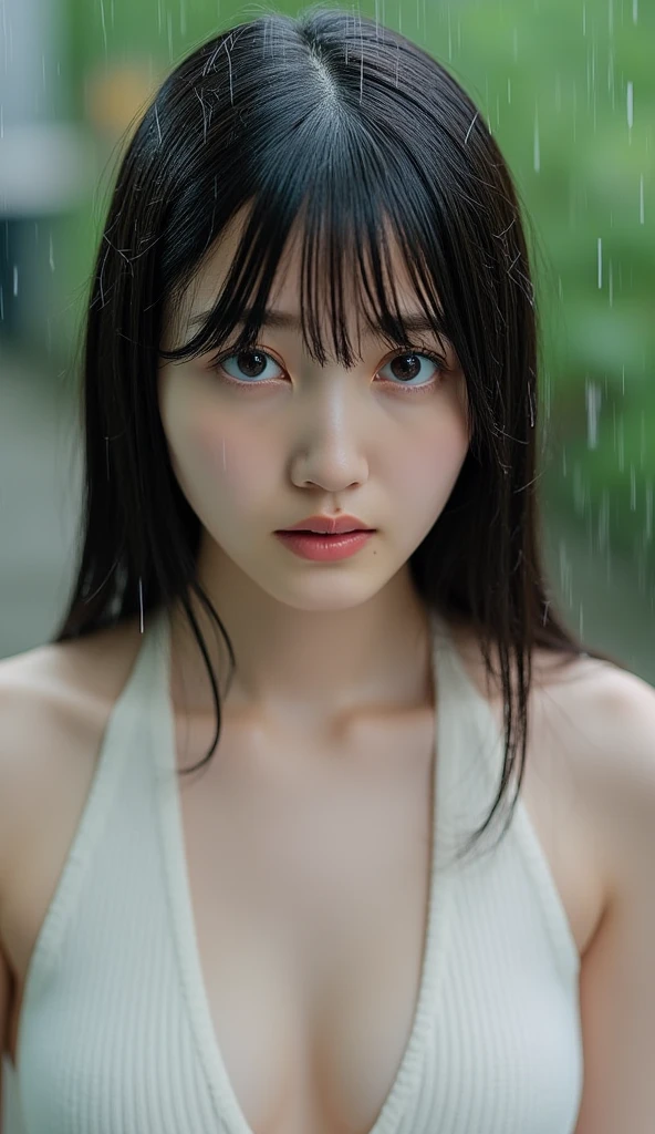 "Create a highly detailed, close-up portrait of a Japanese girl with wet black hair. Her hair falls across her face, with water droplets streaming down her face and shoulders. She has large blue eyes with a melancholic expression, gazing directly at the camera. Her skin is smooth and glistening with moisture, emphasizing a realistic texture. She is wearing a white tank top, with water droplets visible on her shoulder. The background is blurred with a soft blue light enveloping the scene, giving a sense of being in the rain. The overall atmosphere is cold and quiet, with realistic reflections and water droplet details enhancing her emotions."