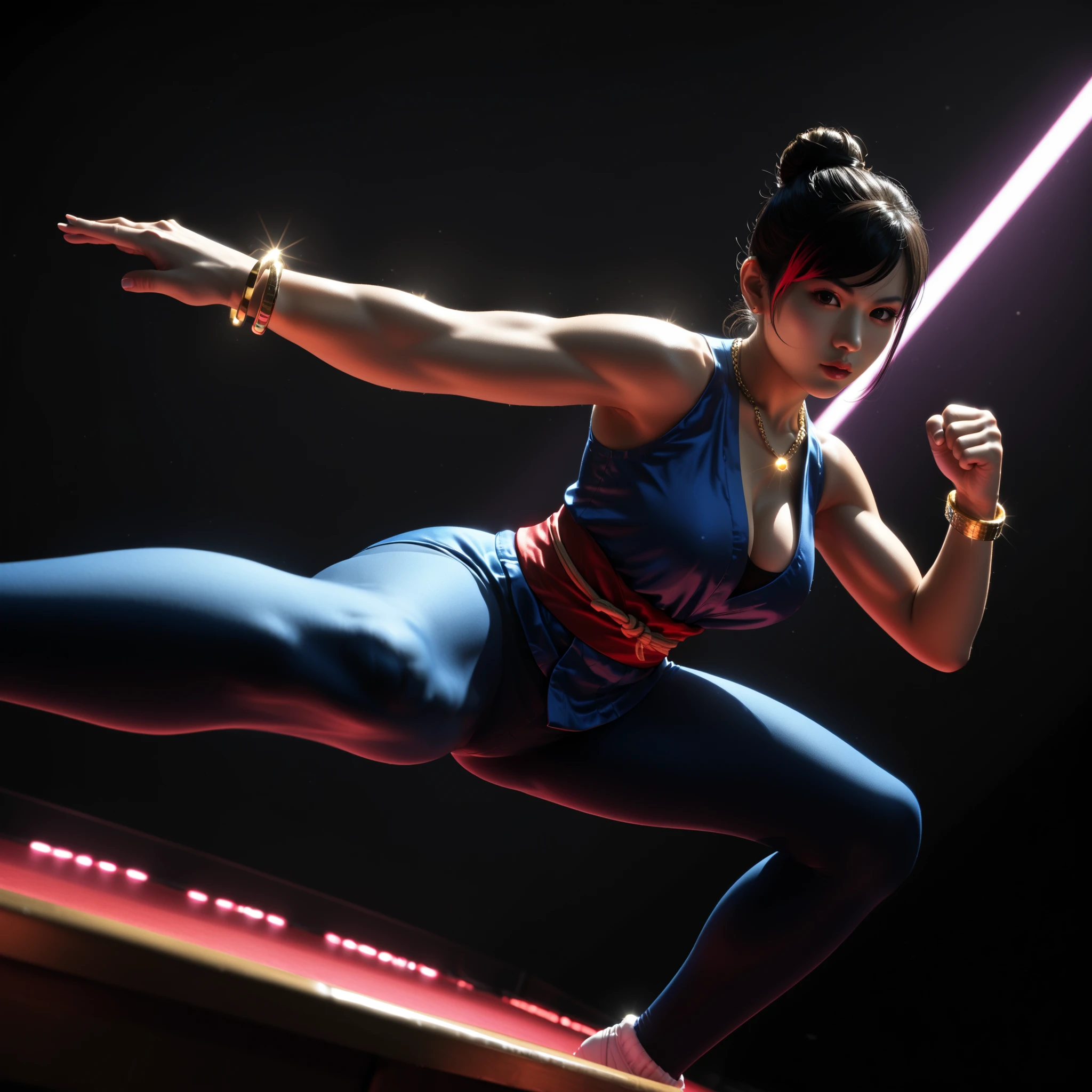 score_9, asian martial artist, beautiful asian woman, tan skin, black eyes, black hair in a high bun, left and right side highlights, dark blue sleeveless croptop, cleavage on the breasts, underboob showing, dark blue leggings, red sash with gold details tied on one side at the waist, dark blue bracelets on the right arm, blue circular necklace with gold pendant, kicking, kicking at viewer, dynamic pose, foreshortening, dynamic shot, Dance Club, nightclub rave, dance floor, colorful neon lights, various lights, 1girl, dynamic angle, absurd, high quality, detailed