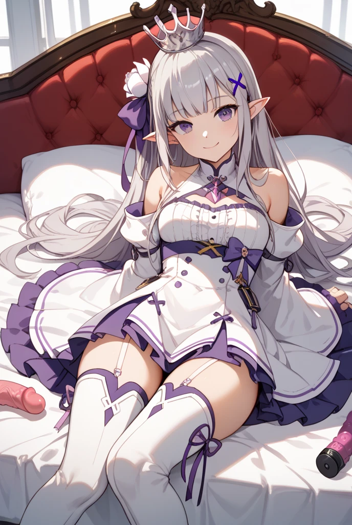 {{{masterpiece}}}, {{{best quality}}}, {{ultra-detailed}}, {illustration}, {{an extremely delicate and beautiful}}, 8k,NSFW, Emilia(Re:Zero), phemilia,1girl, purple eyes, long hair, x hair ornament, white hair, white rose, tiara, braid, low-tied long hair, very long hair, blush, elf, chest, cleavage, detached sleeves, dress, frills, frilled sleeves, long sleeves, white dress, white thighhighs, gem, thigh boots