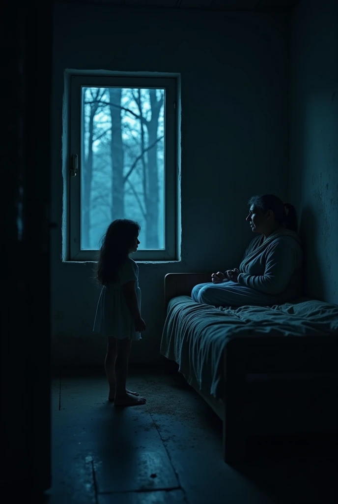 Girl so sad in his room, with his son sitting on his laps, 8k realistic imagery, blue scenery like a movie scene, young american setting, inspired by blade runner movie scene, blue tone,