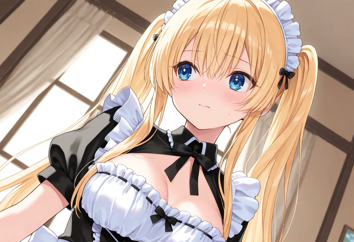 ((Highest quality)), ((masterpiece)), (detailed), （Perfect Face）、The woman is Tierre, with green eyes, medium-long blonde hair, a Victorian maid outfit and maid headband, jeweled earrings, and an engagement ring.、The woman is smiling fondly in a luxurious room、Victorian maid outfits are long-sleeved and long-skirted