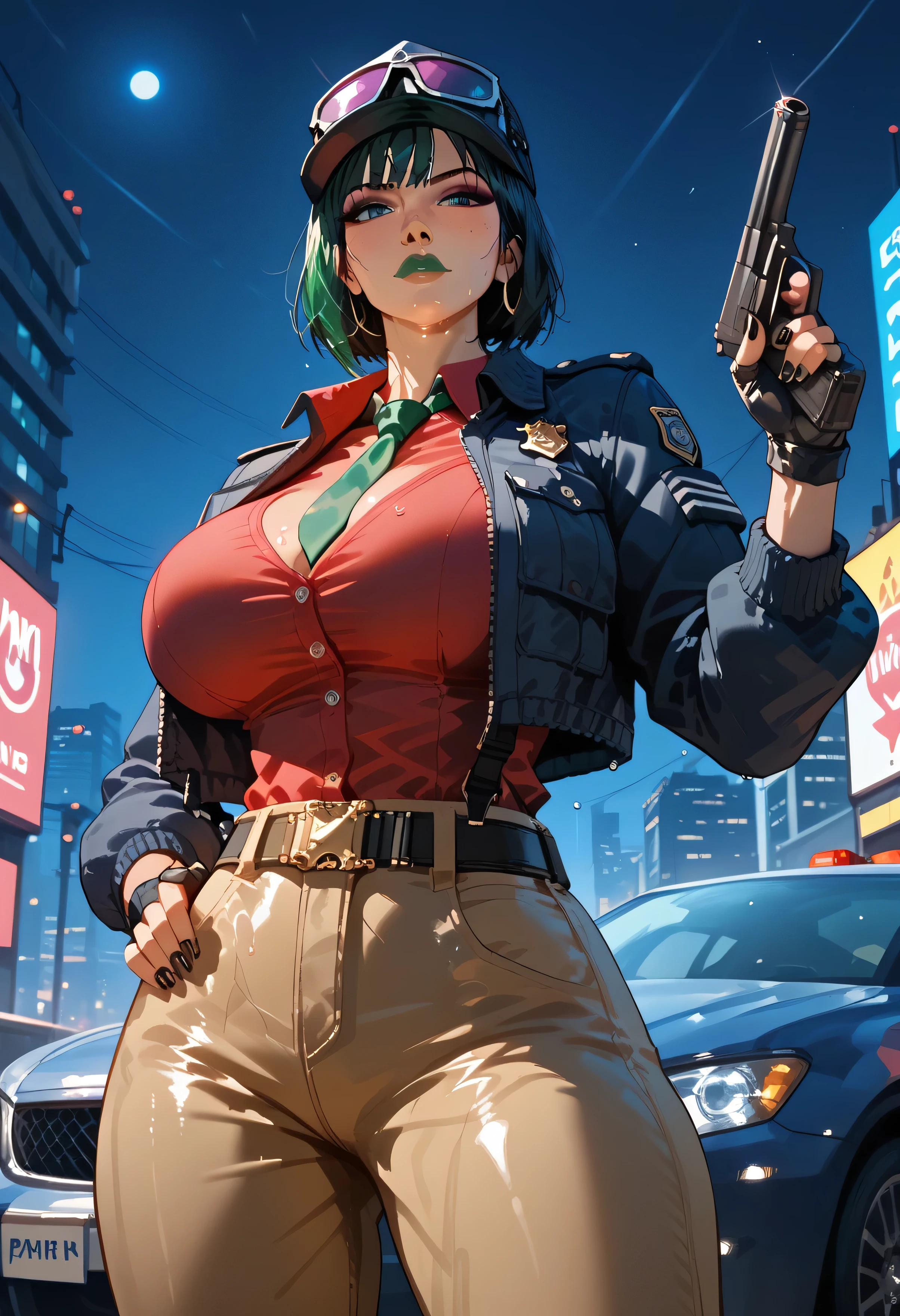 anime, score_9, score_8_up, score_7_up, score_6_up, low angle, score_9. score_8_up, score_7_up, score_6_up, score_5_up, score_4_up, Ela, ela elite \(Rainbow Six Siege\),ela, ela \(Rainbow Six Siege\ HD, perfect masterpiece,score_9, score_8_up, score_7_up, score_6_up, score_5_up, score_4_up, score_8_up, score_7_up, Freckles, fFaceDetail, beautiful face, high detailed face, curvy body, jewelry, necklace, make up, bimbo lips, perfect eyeliner, black nails, green lips, fingernails, fingerless gloves, eyeshadow, lipstick, green lipstick, feathers, uneven sleeves, sweaty, wet hair, gigantic butt, fat big ass ,high quality, Expressiveh, cute face, shiny skin, sweat body, huge breasts, wide hips, thick thighs, (cinematic light), shadows, perfect hands, gigantic oiled breast, close-up, hotter pose, eye shadow, makeup, milf, mature female, cleavage, loose clothing, leaning table , pureerosface_v1, Expressiveh, intricate_details_xl,
, cropped jacket, gloves, blue jacket, green necktie, green collared shirt, yellow pants, pink bodysuit, blue uniform, police, police uniform, long sleeves, black vest, red shirt, collared shirt, green necktie, black gloves, black pants, belt,
embarrassed, light blush, focused, cars, city background, plain, night, moonlight, night sky, sunset,
standing, hand on own hip, aiming, holding weapon, holding gun, handgun, solo,