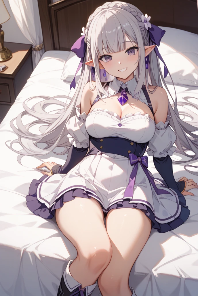 masterpiece, best quality, ultra detailed, ultra high res, photorealistic, 8k, highest quality, masterpiece, best image quality, Super detailed, ultra high resolution, Photo-realistic depiction, anime, comics, long hair,light purple hair, purple eyes, 1 girl, alone, looking at the viewer, Highly detailed art buds, official artwork, shiny skin, professional lighting, sweaty feet, chest enhancement, Slender figure, Highly detailed face and skin texture, body gloss, dynamite body, sexy, pink cheek, bedroom, on bed, (from above:1.8), nude, beautiful nipples, embarrassed face, blush, naked, Lie down on your back on a white sheet, ((spread legs))