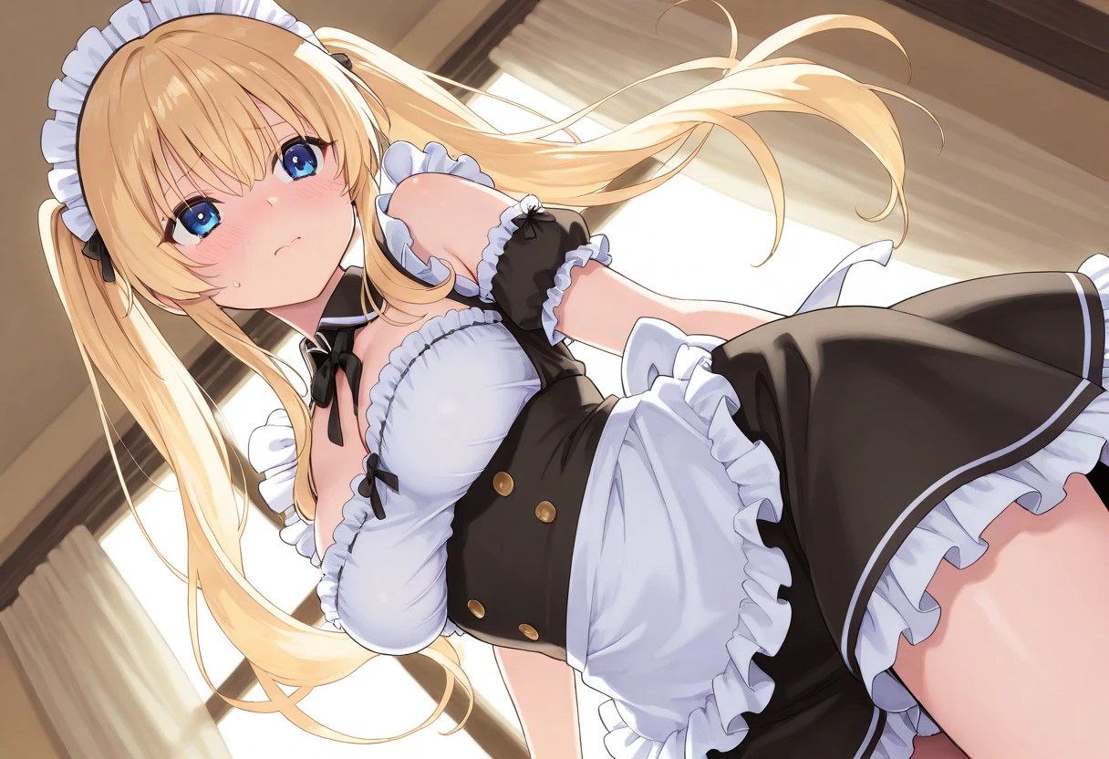 Ultra realistic girl 8 , childshi , long blonde hair frinje , Maid , disgusted , latex , lingerie thong pantie ,garterbelt long socks , Gloves , inocent , standing, dominatrix .
