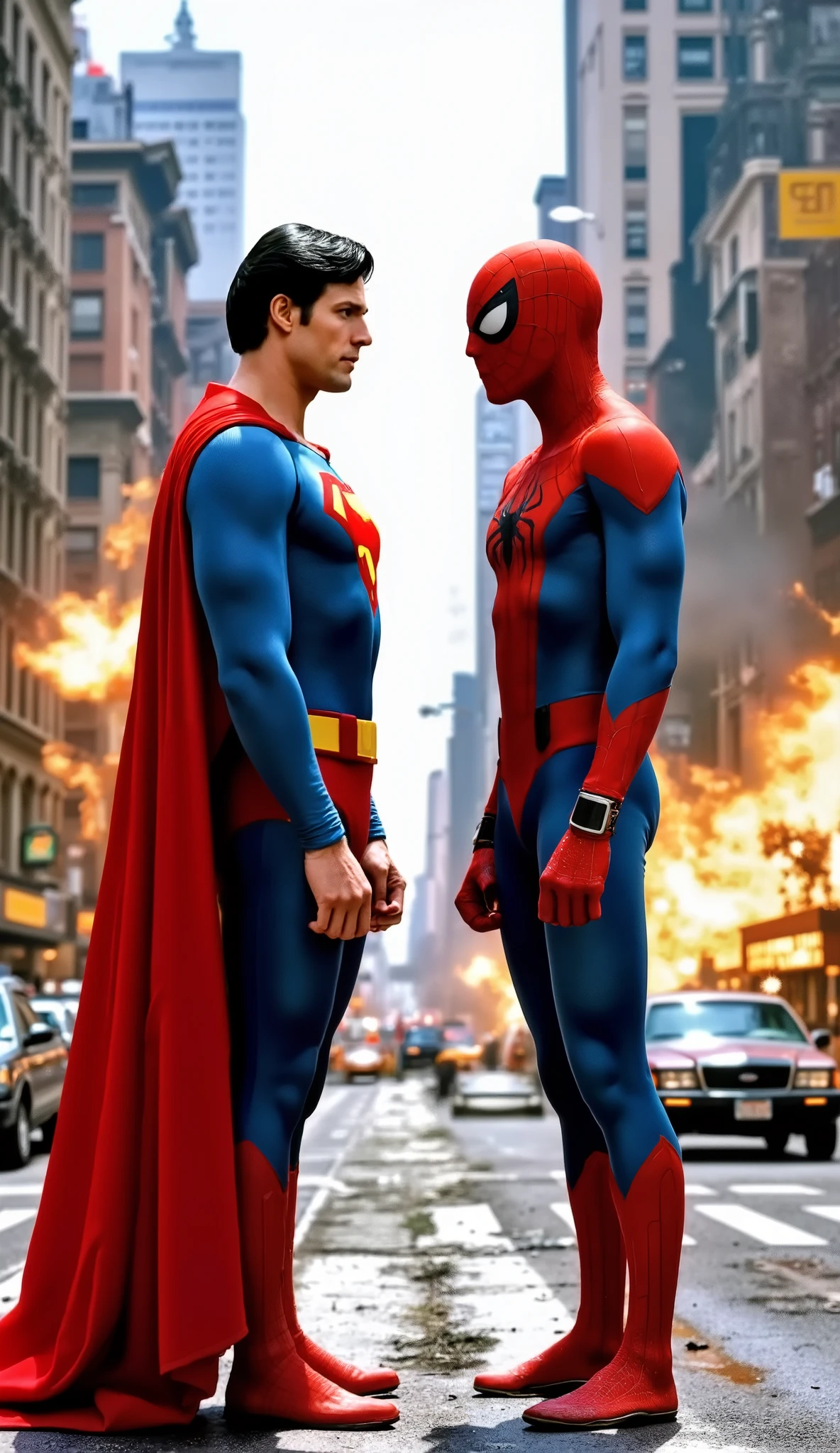 Superman, played by Christopher Reeves, meets Spider-Man for the first time. Scene takes place on a street in the city of Metroplolis, buildings and cars on fire, civilians running away.