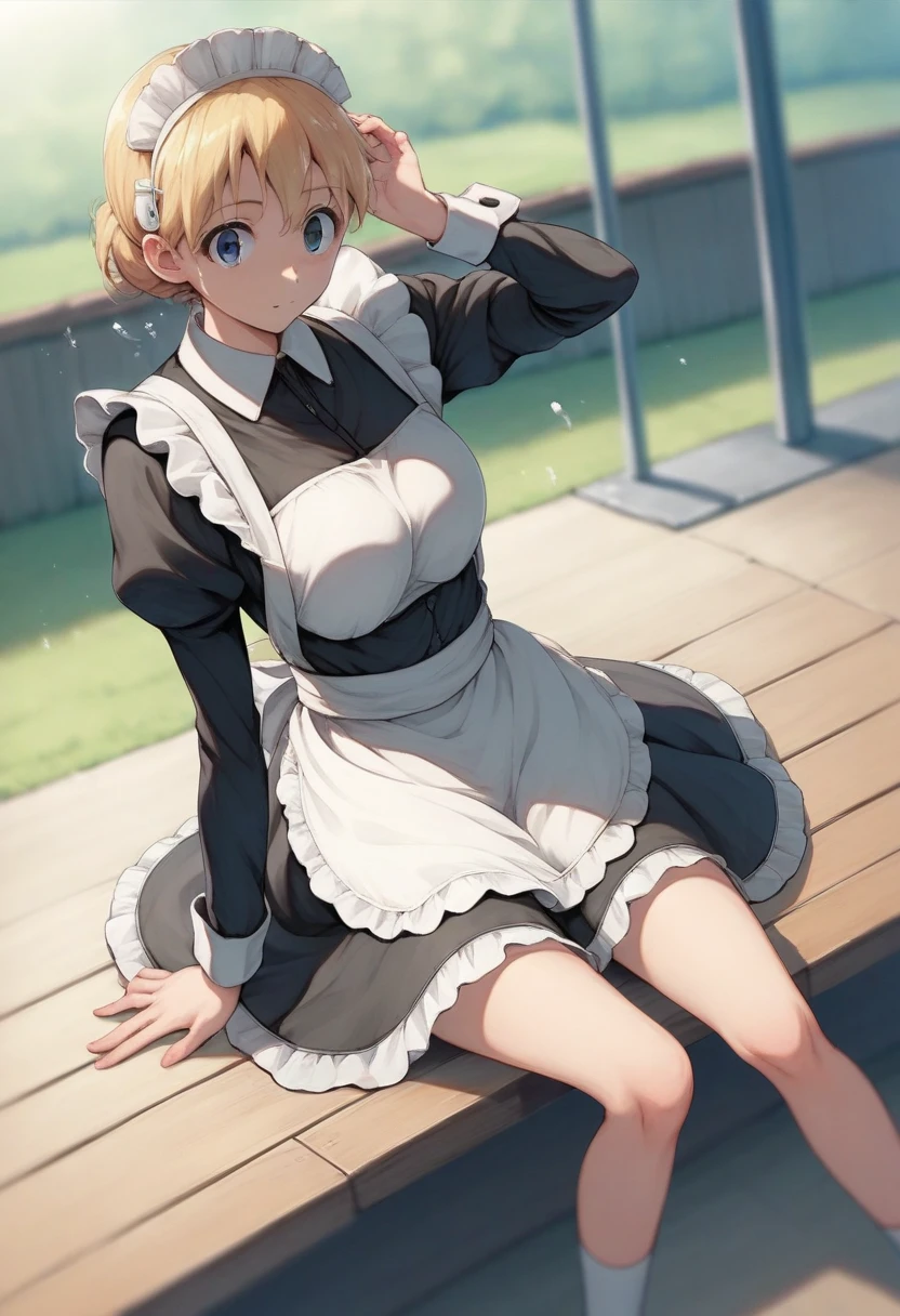 score_9, score_8_up, score_7_up, source_anime, rating:general, masterpiece, best quality, 1girl, leaning forward, smile, bangs, breasts, maid headdress, maid, frills, black dress, detached collar, puffy short sleeves, wrist cuffs, apron, white thighhighs, wavy short hair, blonde hair, looking at viewer,