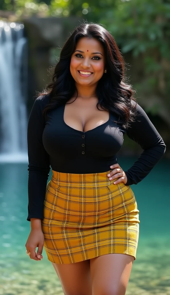 Velma cosplay ((1 Young and beautiful light skin black girl:1.2)), Super beautiful detailed face, Stare at me, open mouth slightly, Highest Quality, High definition RAW color photos, Professional Photography, Cinematic lights, (Fine face:1.2), (View:1.2), ((cleavage:1.2)), curvy and beautiful girl, ,  detailed, walking in park revealing outfit, Pleasure, feels good, Portrait of a beautiful girl, zoom out  full body shot, sweet alluring smile staring at camera (Best Quality:1.2), Super Detail, high details, masterpiece,velma cosplay, large breasts, big boobs,revealing velma Halloween outfit, full boy zoomed out, in high heels, full body, zoomed out,  velma cosplay outfit orange turtleneck low cut sweater, a short red pleated skirt, knee socks, Mary Jane shoes, and a pair of black square glasses