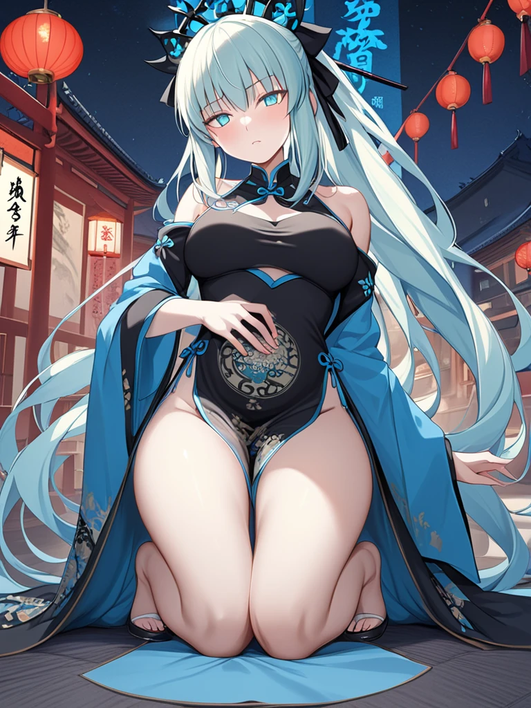 4k,High resolution,One Woman,Blue Hair,Long Ponytail,Green Eyes,Big Breasts,Ancient Chinese Princess,China dress,Black Stockings,Princess Tiara,Ancient Chinese castles