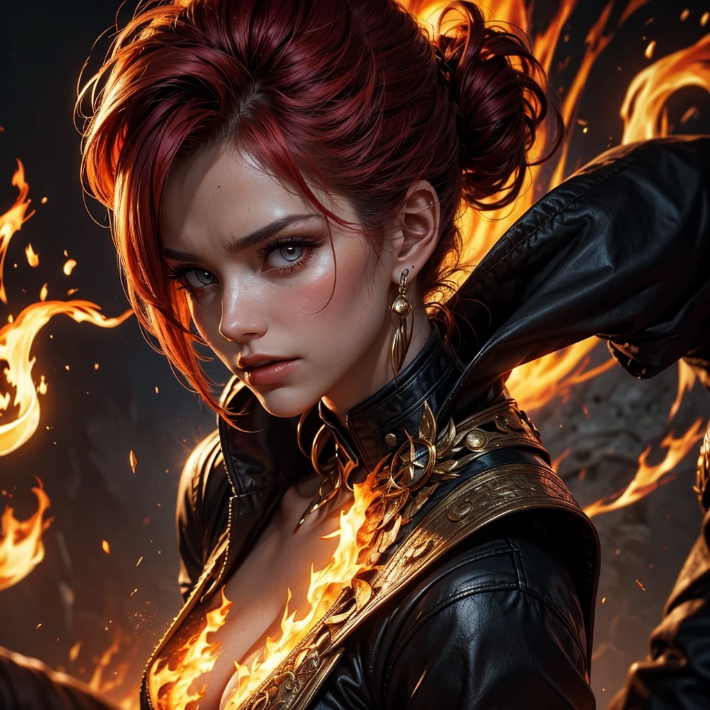 (headshot) (best quality) (high detail) woman's face with eyes of fire and fiery hair flowing in front of her face, Cinders swirling in the air, fire embers around her, (pyro) fire tattoos, flame tattoos, tattoos, smirk, fiery smoke in background, HDR, 4K, 3D, digital art