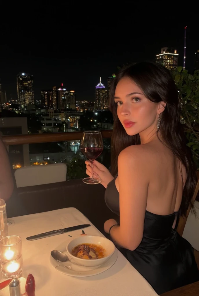 Experience the romance of a dinner with a view. Describe your ideal post with candles, fine dishes and the night skyline. What is the detail that made the evening so special,american girl, brunette, brown eyes, 20 years old,