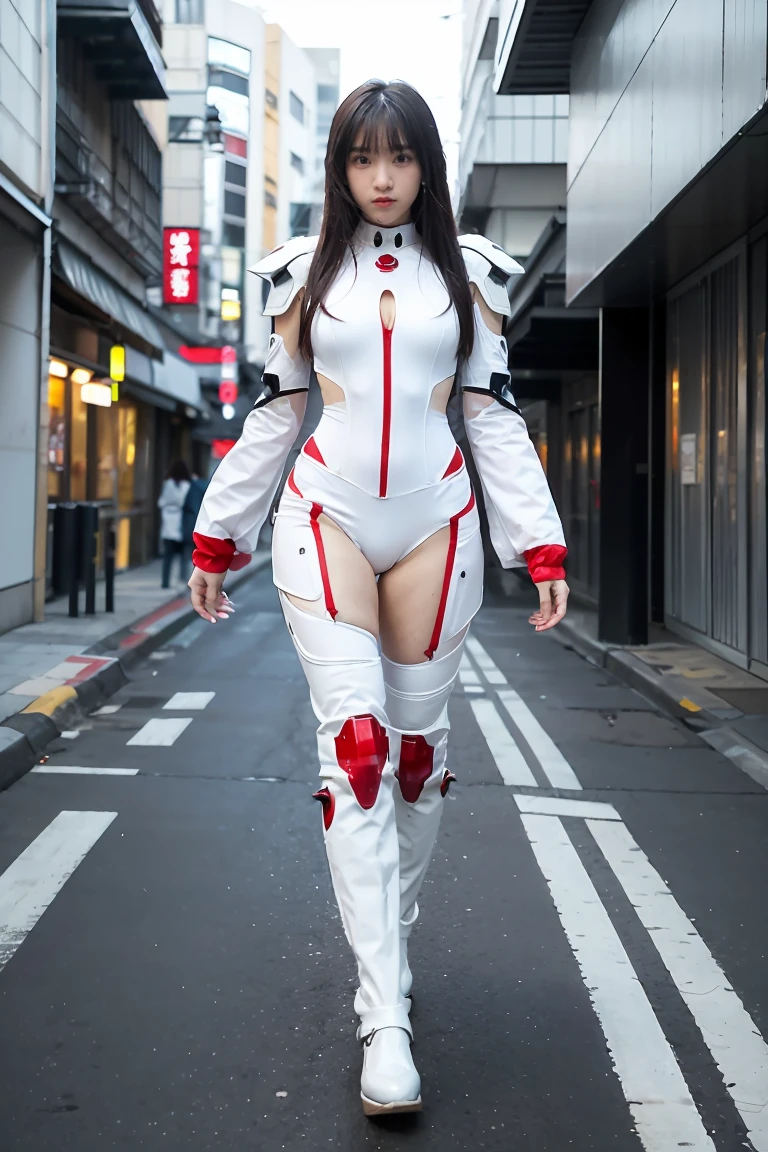 [ Concept art character, Cutie, an Asian Korean Model from the future, full length body view, arms stretched to the side, orthographic full body view of Cutie facing the camera, orthographic full body view of Cutie facing away from the camera, hyper detailed, hyperrealistic — ar 3:2]