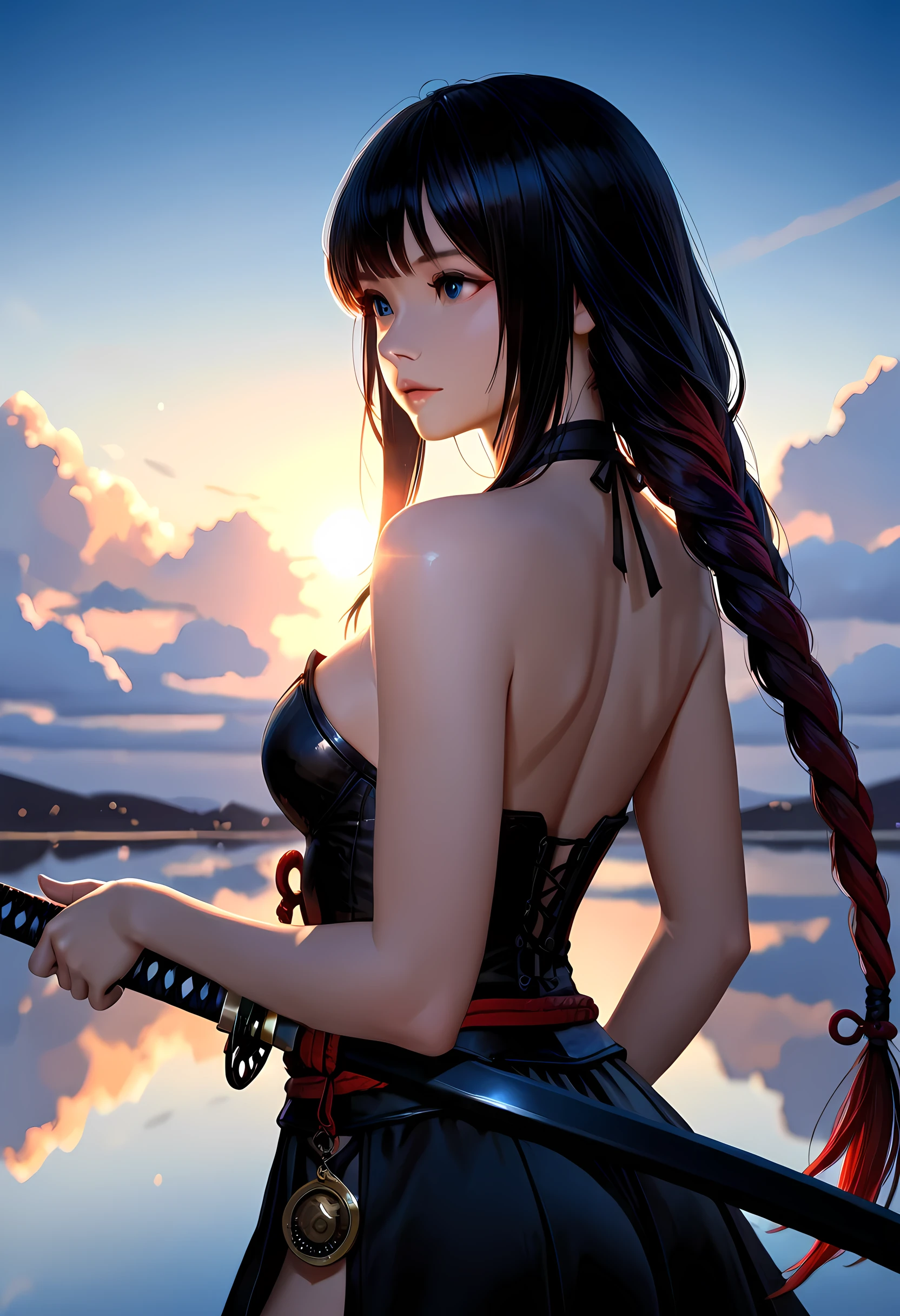 a woman samurai at sunset, beautiful woman samurai holding a katana, the katana reflects light, ultra feminine, long hair, braided hair, dynamic hair color, light reflection, it is sunset, some clouds, award winning, photorealism, depth of field, hyper realistic, Cinematic Shot, fantasy, LOAsuccXL, strapless, anime