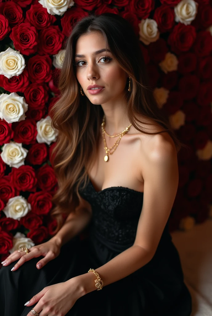 Busty girl with almond eyes, long brown hair. marked cheekbones and full lips. She wears blush, eye shadow, and lipstick. You look empowered and seductive. she wears a long tight satin dress she is on a terrace from a botanical garden.