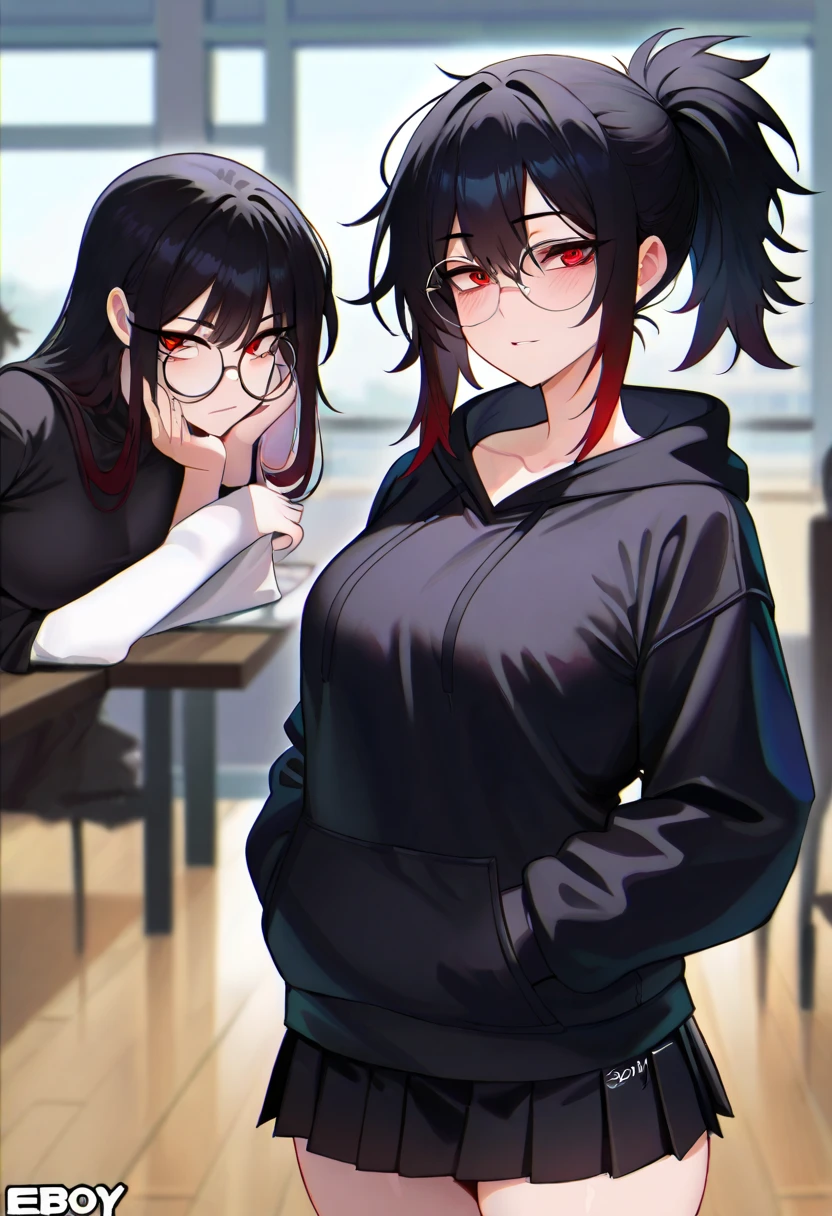 NSFW:1.9 Naked::1.9 (Two people hugging each other) (A deep kiss),BREAK,(Tall woman, black hair, short hair, ponytail:1.9 Swept-to-the-side bangs, beautiful, cute, big breasts, sweat, excitement, blushing),BREAK,(Nerdy young man, short hair, black hair, glasses, sweat, excitement, blushing) 