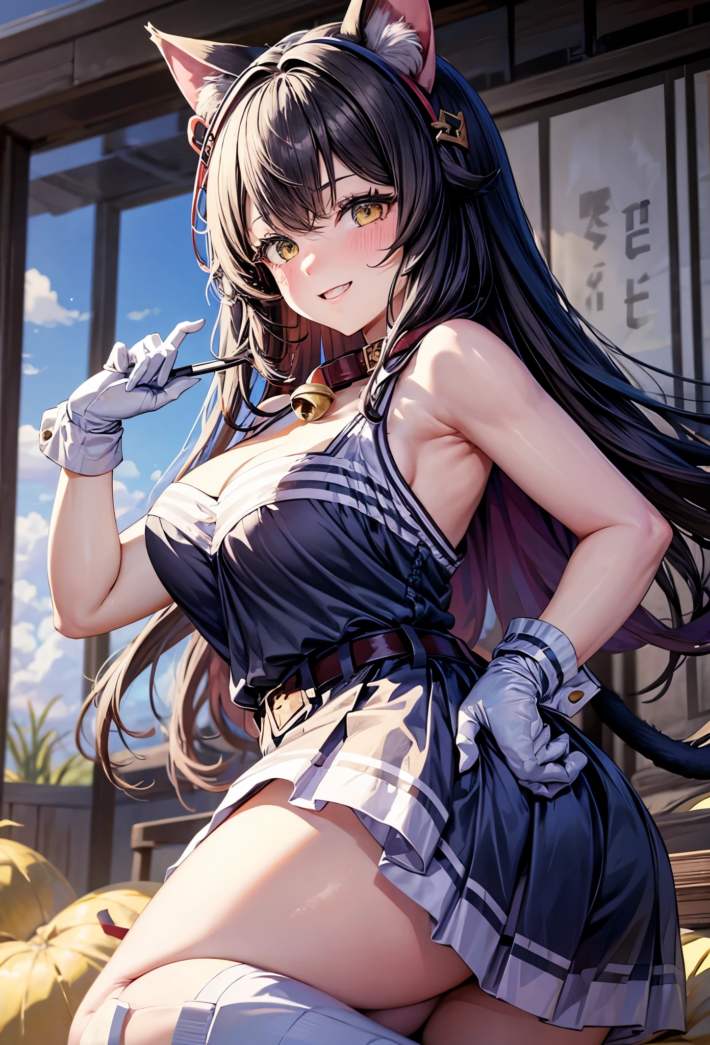 masterpiece,best quality,Super Detail,8K,cosplayイベント会場で,1人のcute女の子を大勢のヲタク男が取り囲んでカメラやスマートフォンを女の子に向けて撮影しています,猫耳のアニメキャラクターのcosplayをした清楚なcute女の子. She blushes and smiles gently with a troubled expression,cat ear headband_cosplay, Cat Ears with a Gold Border on Her Head,perfect face,perfect body,detailed eyes,Beautifully flowing hair , Black Hair Semi-long Hair,medium ,beautiful breasts,erect nipples, Very short white mini skirt with belt, wearing large white cat hand gloves on her hands, Pink BH、Pink Tangerine, Red collar with a gold bell around the neck, Have lots of nerdy guys look at the costume , cute_sexy_ is seducing the opposite sex , is big , Hard Juicy Ass, Long Eared Yellow Eyes and Pink Fragments, cute face",,
