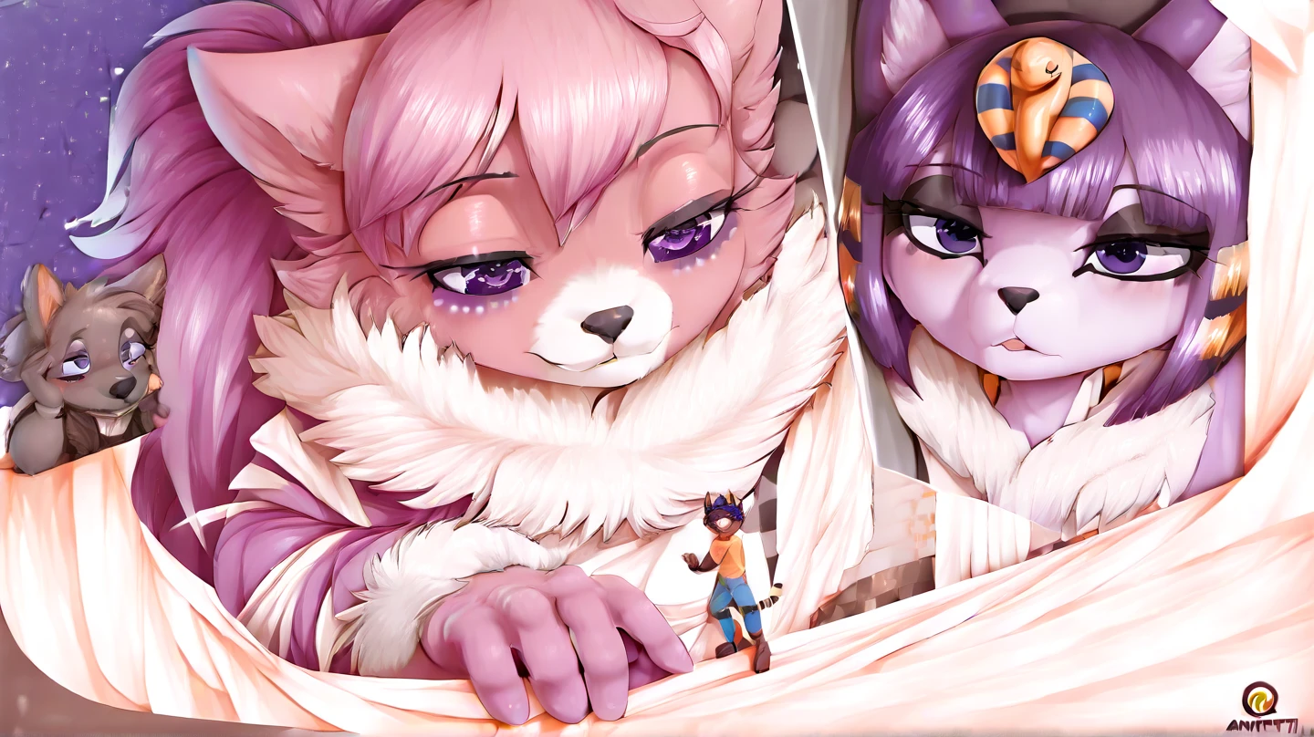 Top quality, picture book cover, fancy, four-headed, pale color (full moon visible from the bedroom, window) (very detailed beautiful face and eyes) perfect anatomy (beastman, nightgown, pajamas, lying on your back, sleeping happily, family, hugging and kissing on the cheek) (furry antro: 1.2) (animal facial features of furry body) (animal muzzle very detailed fur) portrait, smile (dynamic pose),