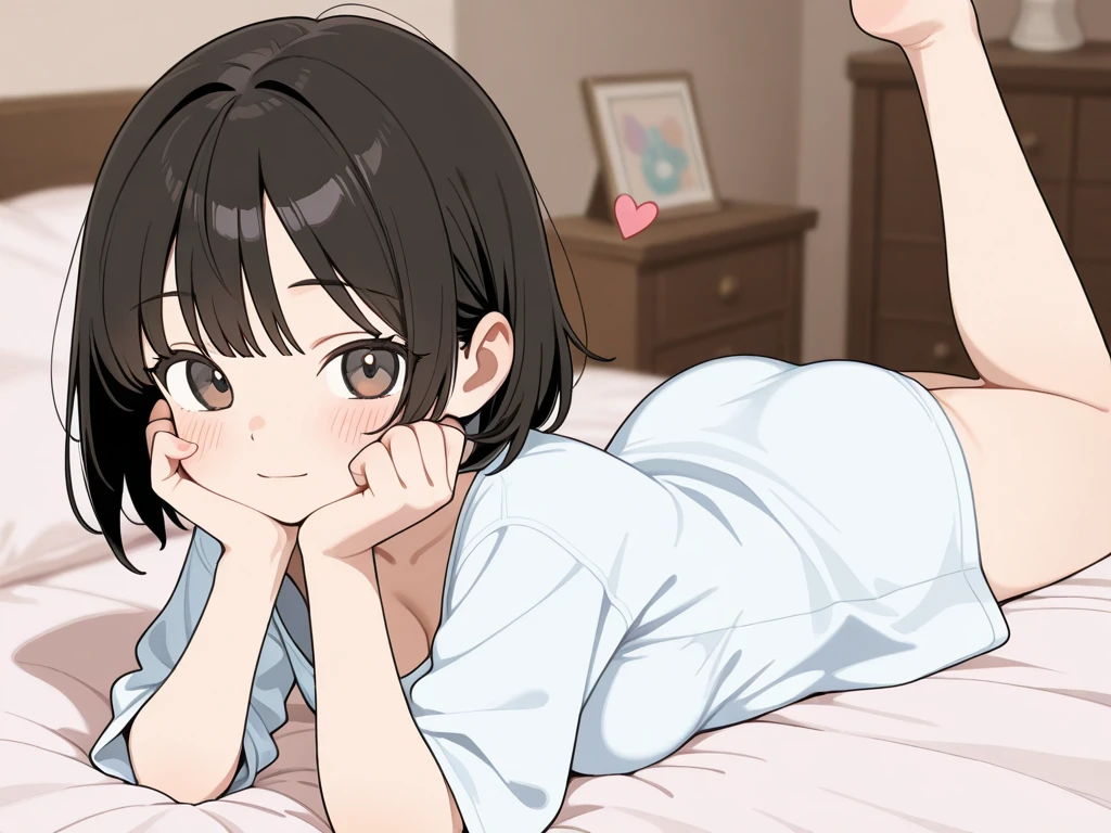On all fours on the bed,smile,1. small ,short hair,Black Hair,blush,White T-shirt,Olive green shorts,Brown Sandals,White skin,From below,shy,night,Sweaty,Wet,Cowboy Shot,night中,dark,Ahegao,be happy,Sigh,Eyes are hearts,Open your mouth wide,saliva,