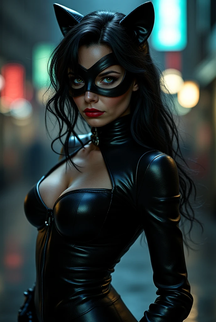 A highly detailed, photorealistic Catwoman from DC Comics with exaggerated, large breasts, incredibly detailed skin and eyes, seductive poses, 8K resolution, masterpiece, ultra-detailed, realistic, photo-realistic, vivid colors, dramatic lighting, cinematic composition