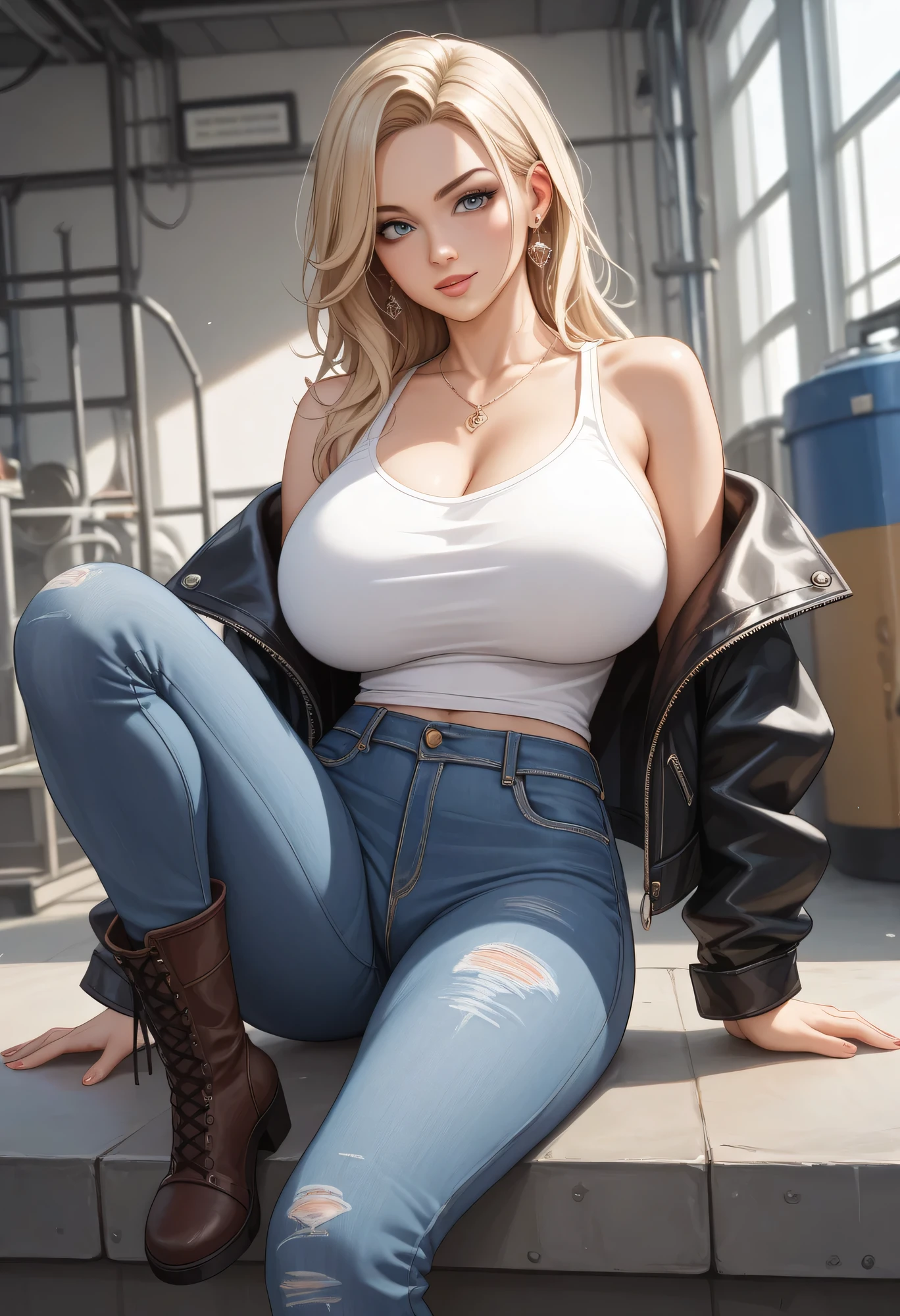 proportional eyes, (realistic:1.5),photorealistic, hyper realistic, (extremely detailed eyes), hyper detailed, soft lighting, (detailed background), extreme detail background, sharp details, ((full body)), light blonde long ponytail hair, hazel eyes, thight tanktop, exposed breasts, posing, big ass, thight light blue jeans, white high heels, sunglasses