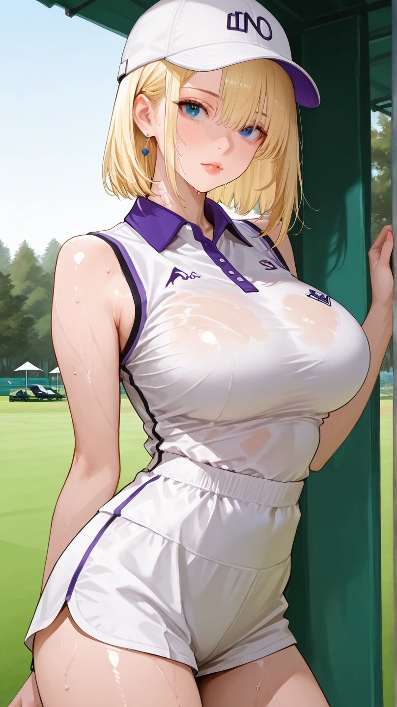 absurd, masterpiece, best quality, realistic, hyper-detailed, (shiny skin, sweaty:1.4), looking at viewer, 1girl, solo, tennis wear, white polo shirt, white sneakers, white miniskirt, short hair, blonde hair, green eyes, slender, (thick thighs:0.6), dynamic lighting, high resolution, sharp focus, depth of field, detailed eyes, sharp pupils, realistic pupils, (small breasts:0.8)