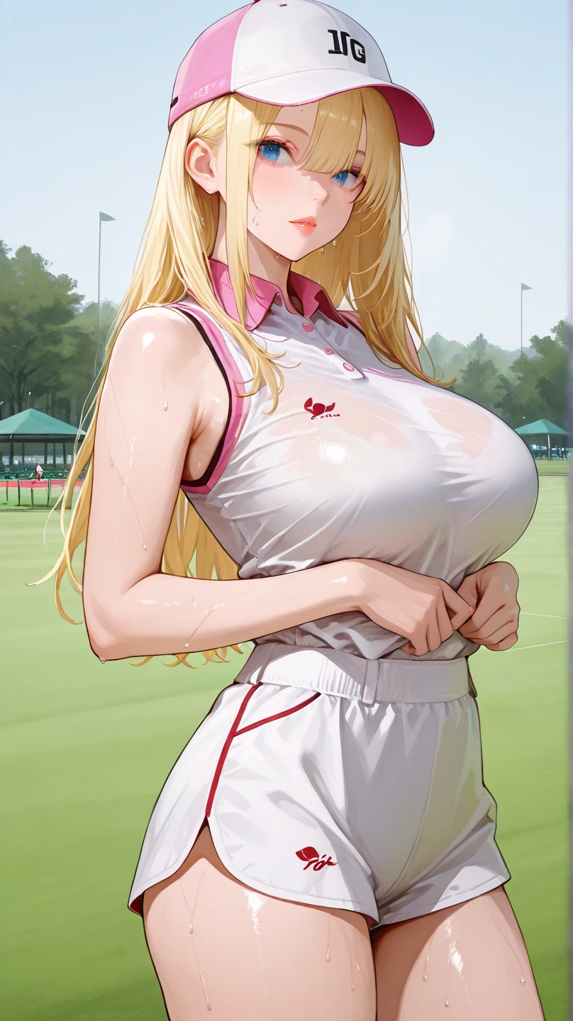 masterpiece, best quality, highres, hmmisaki, long hair, symbol-shaped pupils, +_+, large breasts, gym uniform, white shirt, sleeveless, white gloves, elbow gloves, white shorts, gym shorts, short shorts, outdoor, playground, grass, school, cowboy shot, standing, gentle round eyes cute (Wet clothes:1.3) (Clothes stick:1.3) (Sensual clothing:1.3) (Large Breasts:1.5) (Thighs:1.3) Big Ass Beautiful legs (Sweating profusely:1.4)