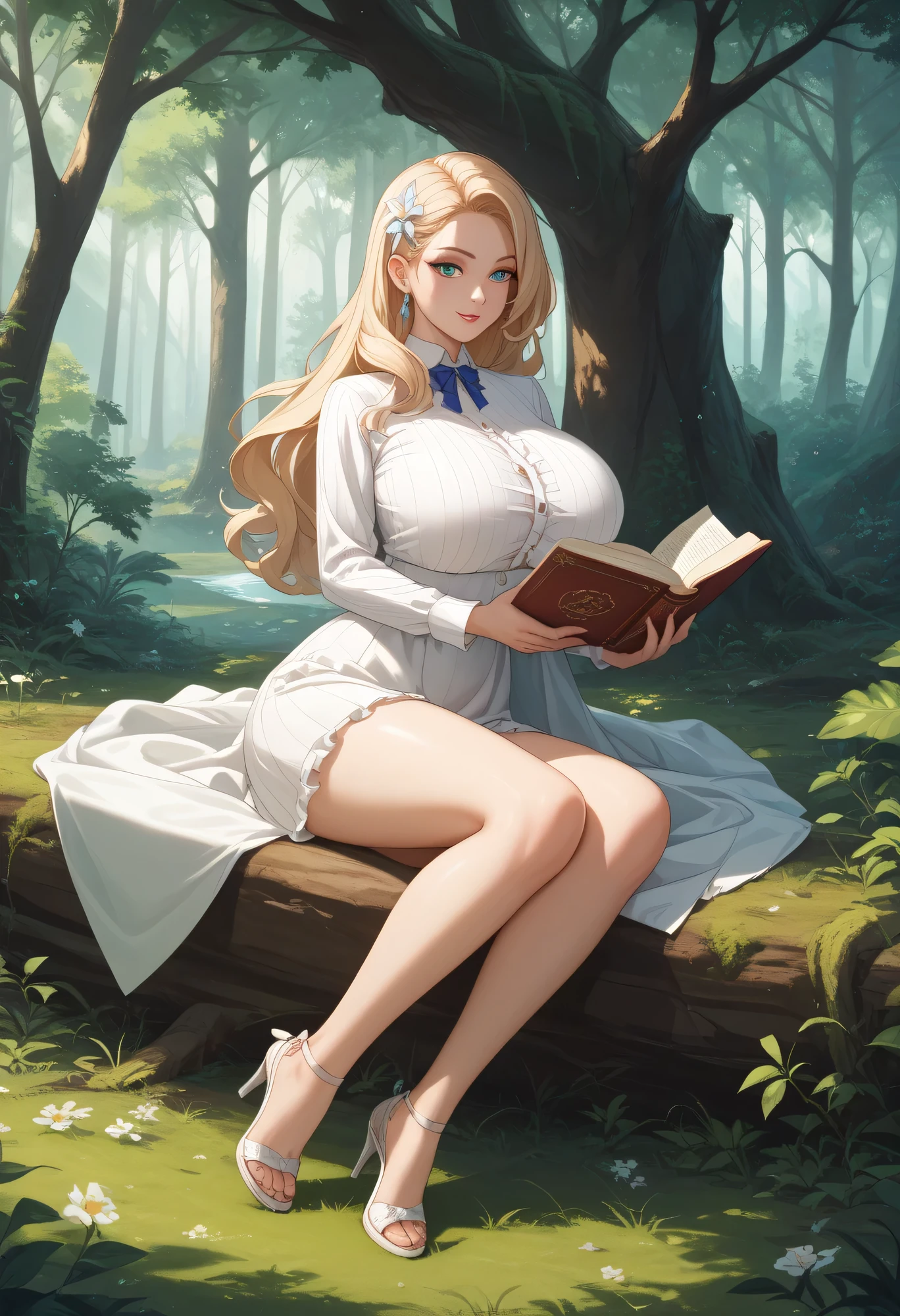 a pregirl, 18 years old, With a petite figure, Smooth porcelain skin,Golden hair,Wear hair flowers,Wear pink and white slip dresses,Early morning in the park,Sit on the lawn,Reading a book,There is a kitten next to him,