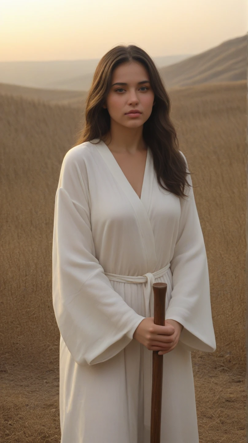 An illustrated movie poster, hand-drawn, full color, a young girl, wearing a white chiton, resembles Mathilde Lando, warm brown complexion, dark hair, long loose hair, waist-length hair, posing on a pedestal, hard shadows, graphite shading, stencil marks, airbrushed acrylic paint, masterpiece, in the style of Game of Thrones