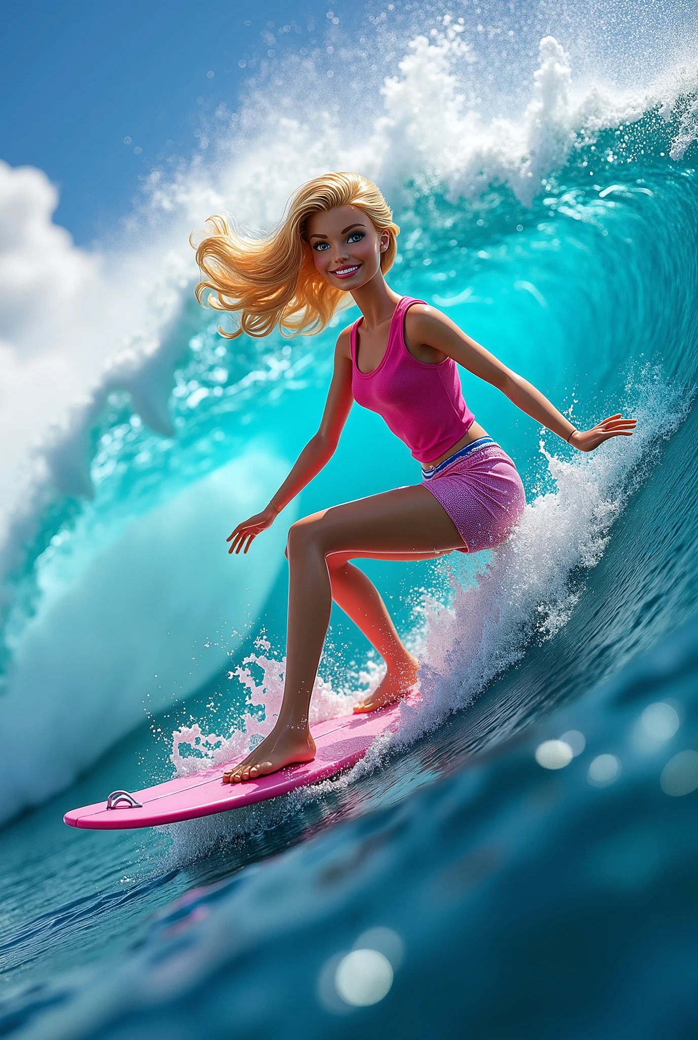 Create a vibrant scene featuring a Barbie doll enjoying surfing on a dramatic wave. The background should showcase a dynamic ocean with rolling waves. Illuminate the scene with dramatic lighting and use vivid colors to enhance the lively atmosphere of the moment.