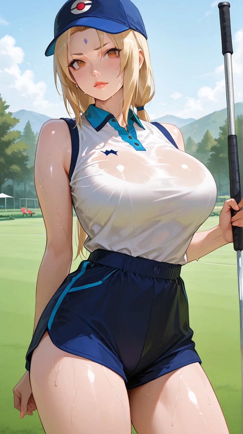 mastute piece,Best Quality,insanely detailed,8k cg,nsfw,
(shoot upper body:1.3),
(1girls:1.3),standing,looking at viewr,body in front,both arms behind back,(golf-wear:1.3,golf-cap),(bare breasts:1.1),(bare nipples:1.1),
break,
blush,shy,(ecstasy face),(trembling:1.2),break,(light blonde hair:1.2),
break,
perfect breasts,perfect teats,(open mouth:0.9),(large breasts:1.2),
(golf-course)、