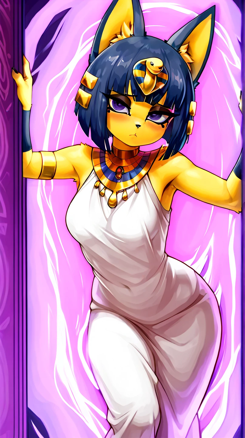 [isaCrossing], [Isabelle; Animal Crossing], [Uploaded to e621.net; (Pixelsketcher)], kemono, dagasi, solo female ankha \(animal crossing\) with ((tiny and short body with yellow fur)), (blue hair), (blue eyes), (yellow and blue striped cat tail), ((anthro furry)), (wearing a cute white wedding dress:1.4), (cum in pussy), (egyptian necklace), ((small breasts)), (cleavage), (detailed fluffy fur), (front view), ((spread legs)), (heavy breathing), (kissing expression), (shy), (hands grabbing blanket), (detailed background, bedroom background, depth of field, half body shadow, sunlight, ambient light on the body), (intricate:1), (high detail:1.3), (unreal engine:1.2), (soft focus:1.15), [explicit content, questionable content], (masterpiece, best quality, 4k, 2k, shaded, absurd res)