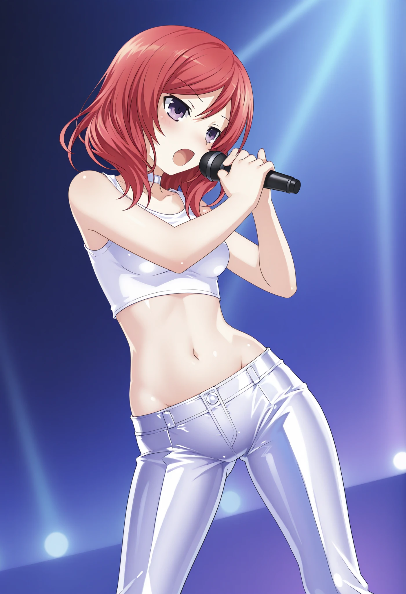 punk girl, topless, open vest, midriff, jean shorts, stud choker, clear, messy red bob, rock show, singing, stage lights, photograph, realistic, (realistic face:1.3), telephoto, audience, backlit, portrait, concentration, looking up, mic stand