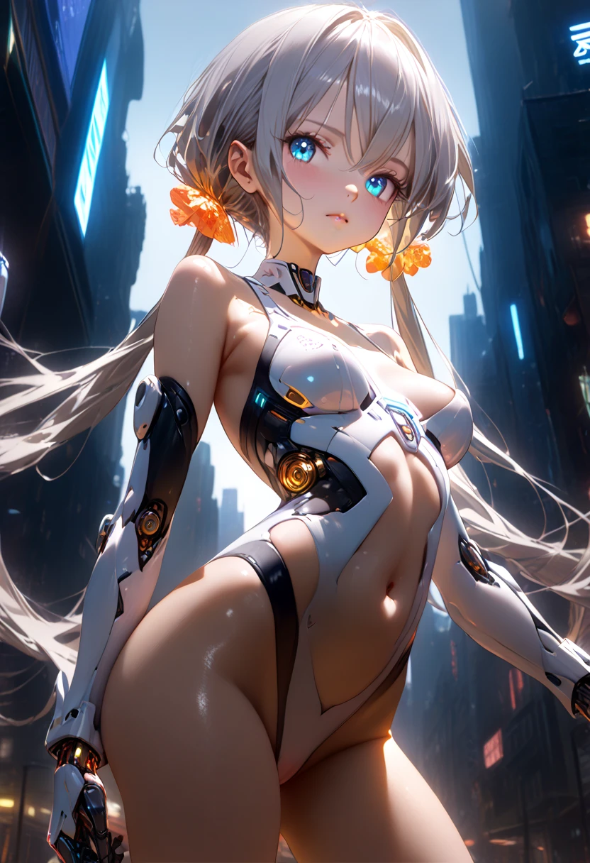 (quality)), ((masterpiece)), Recommended results、Puffy nipples、(see through:1.5)、straighten your back、abdominal muscles、huge bust、angle to floor:1.2、low camera angle、Hair loss on crotch,Hatsune Miku,super detailed)), (Very detailed的CG插画), ((extremely delicate and beautiful)),(1 white transparent mechanical girl)),alone,whole body,(Machine made joints:1.2),((mechanical limbs)),(Flashing blood vessel points connected to tubes),(Mechanical vertebrae attached to the back,with flowing glitter.),((Flowing rainbow fixed around neck)),perfect round face,(wires and cables attaching to neck:1.2),(Rainbow wires and cables on the head:1.2)(Character focus),,Very detailed,colorful,most detailed,white ceramic skin,blonde short hair